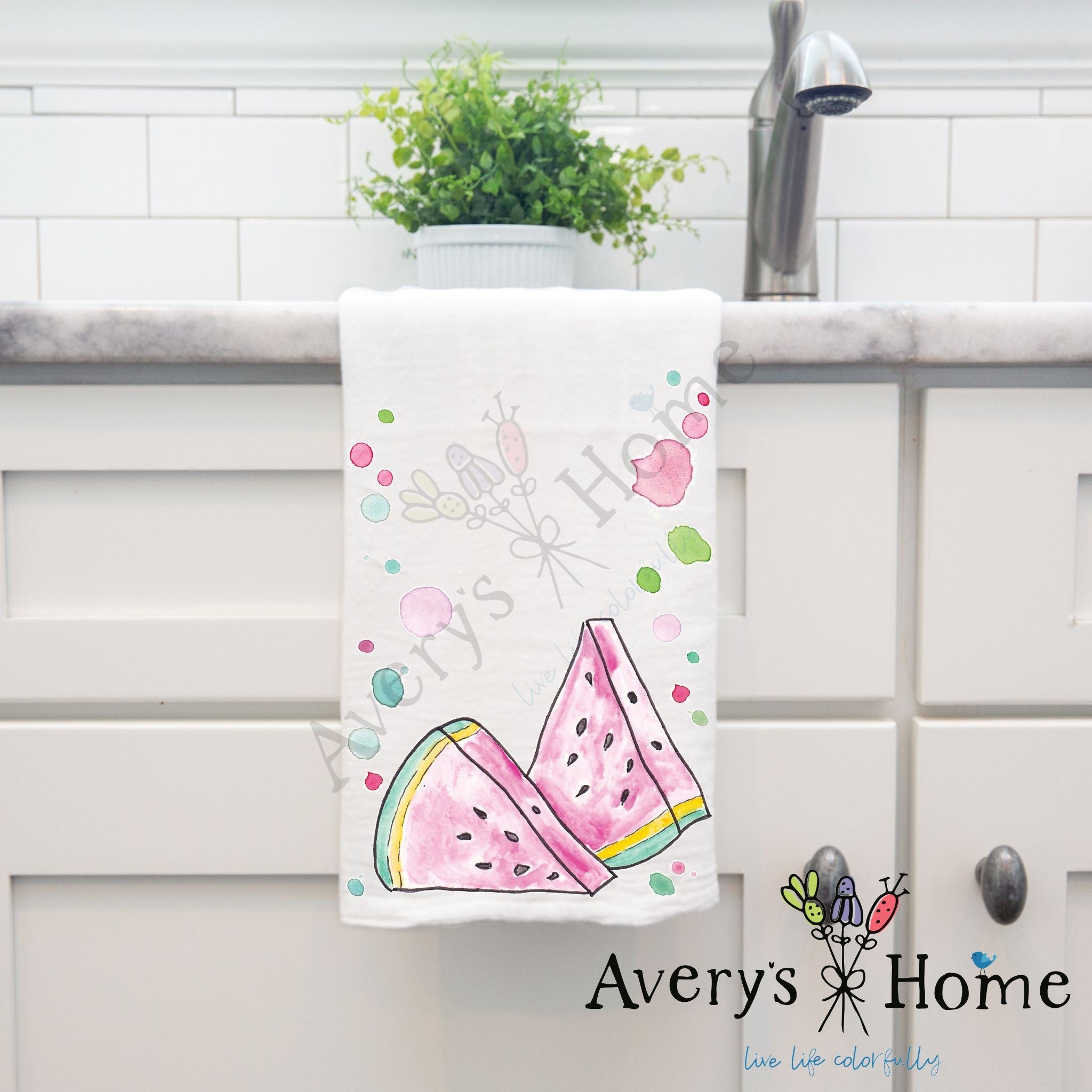 Watermelon dish towel hanging in the kitchen