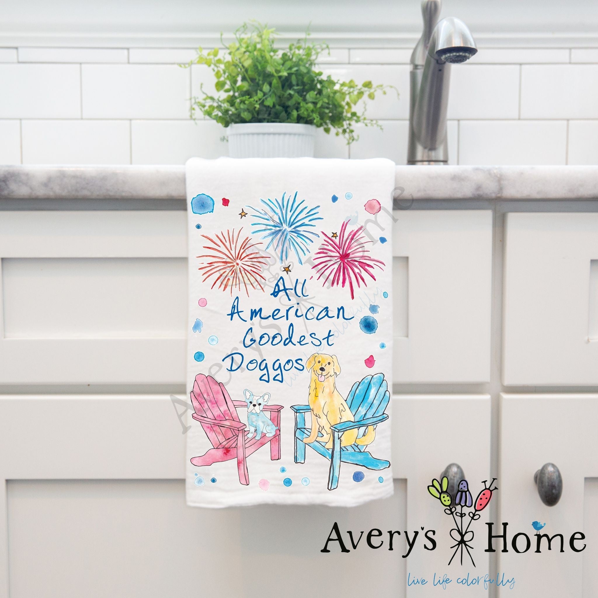 All American Doggos dish towel hanging by kitchen sink