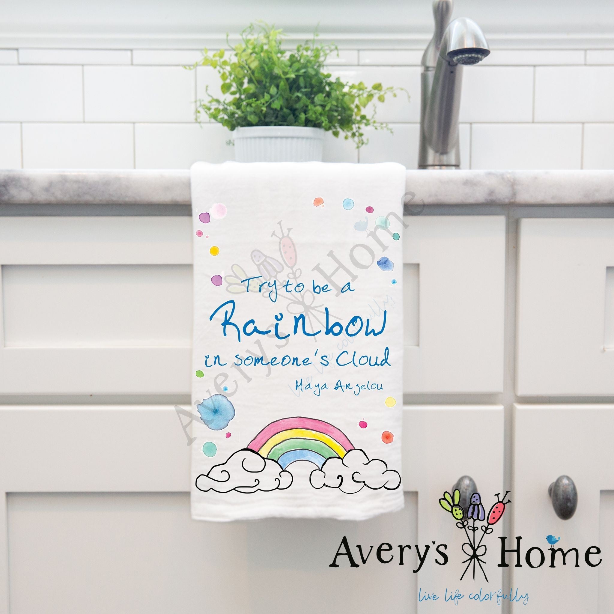 Be a Rainbow dish towel hanging by kitchen sink