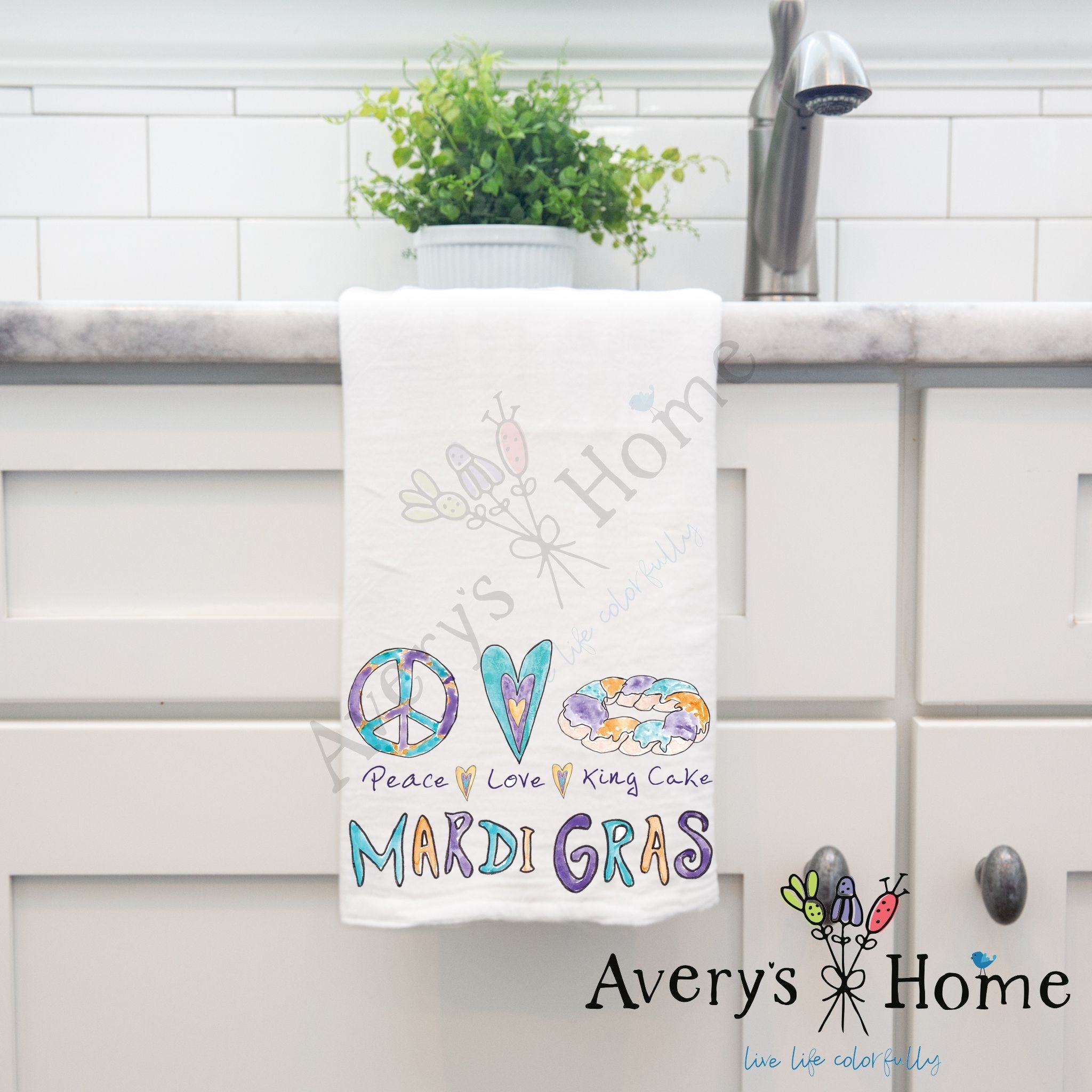 Peace Love Mardi Gras dish towel, 27x27 flour sack cotton