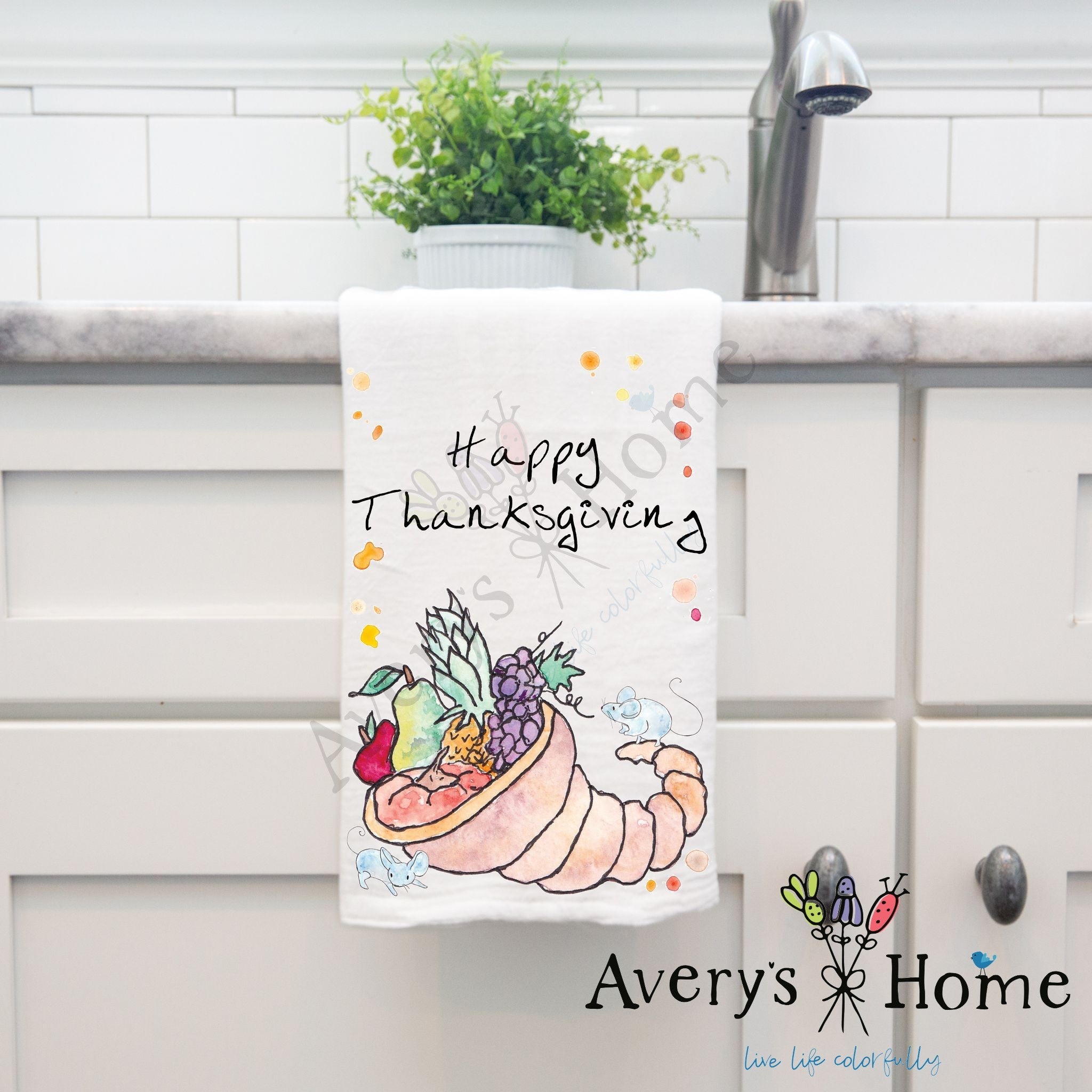 Thanksgiving Cornucopia dish towel, 27x27 flour sack cotton