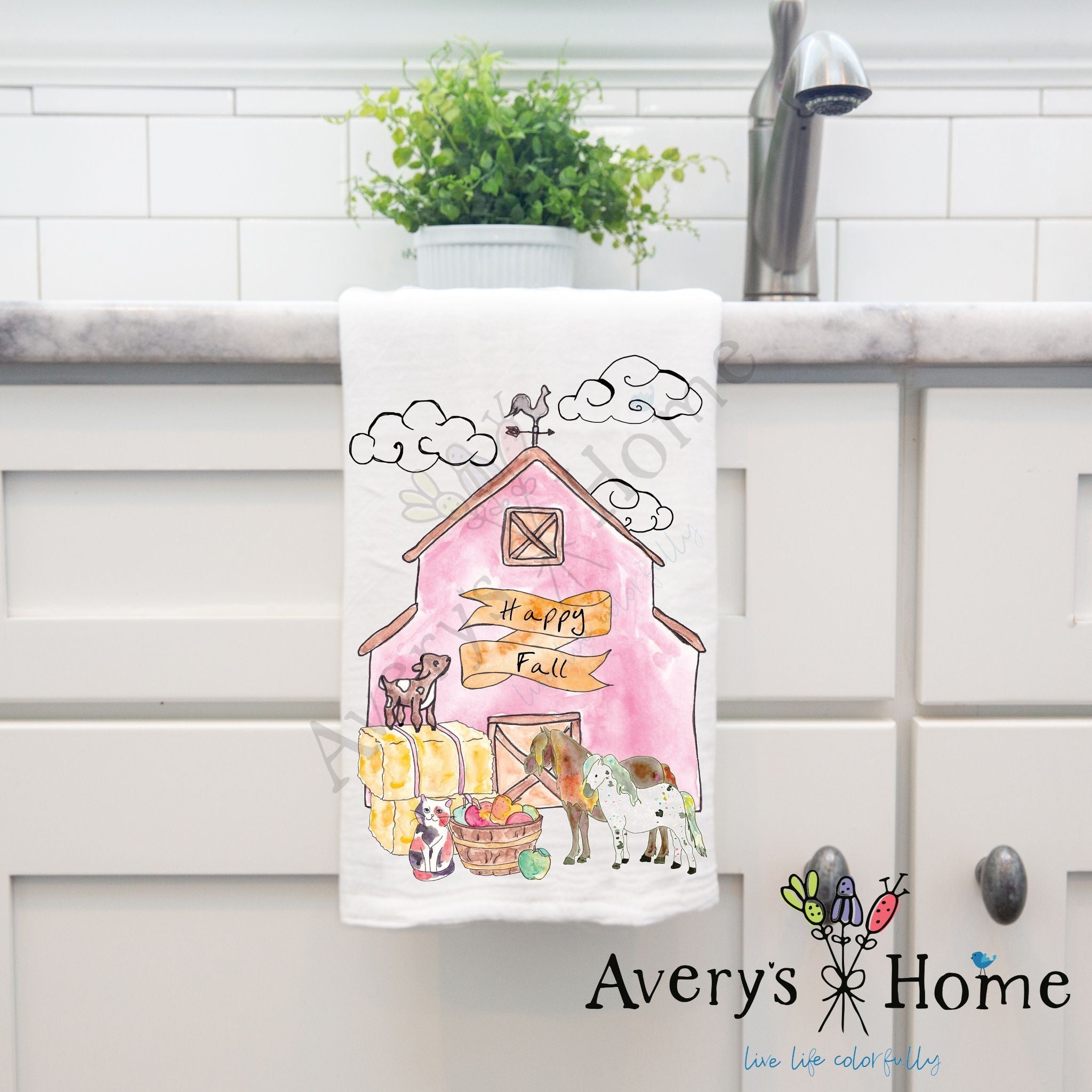 Fall Barn dish towel hanging by kitchen sink