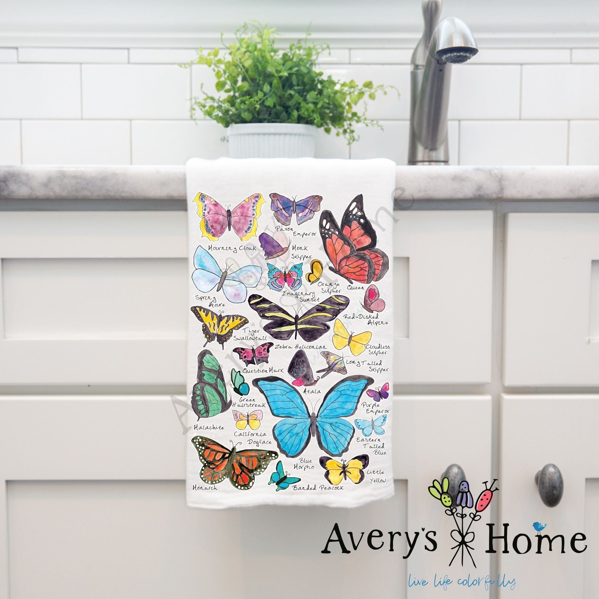 Butterfly Garden dish towel hanging by kitchen sink