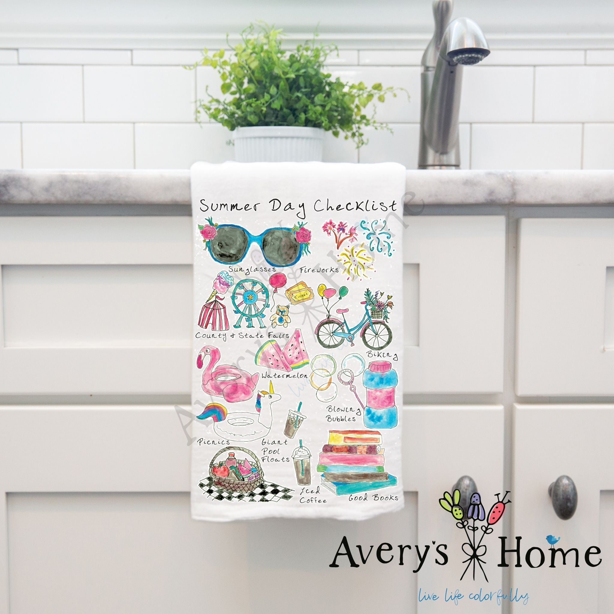 Summer Checklist dish towel, 27x27 flour sack cotton