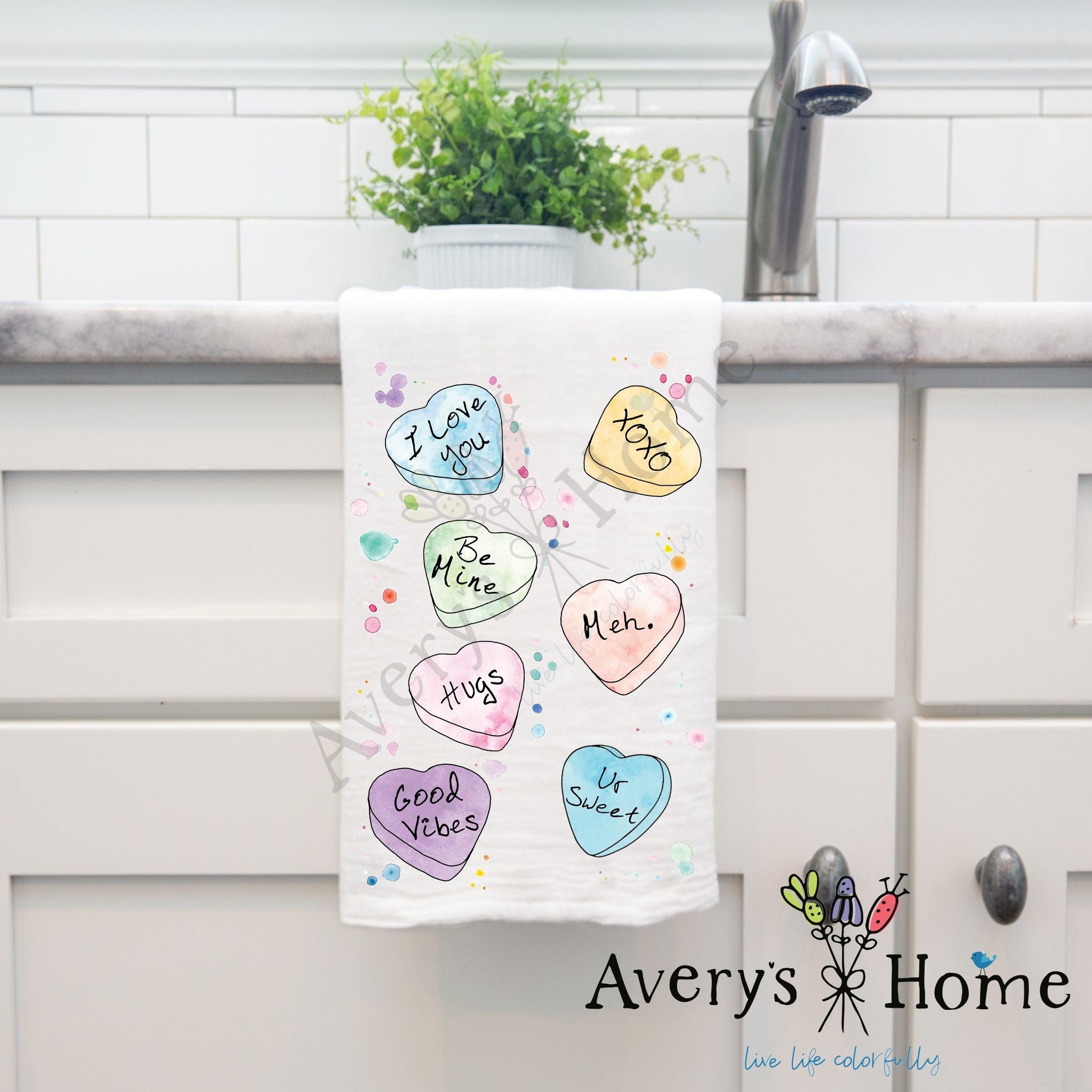 Valentine's Conversation Hearts dish towel, 27x27 flour sack cotton