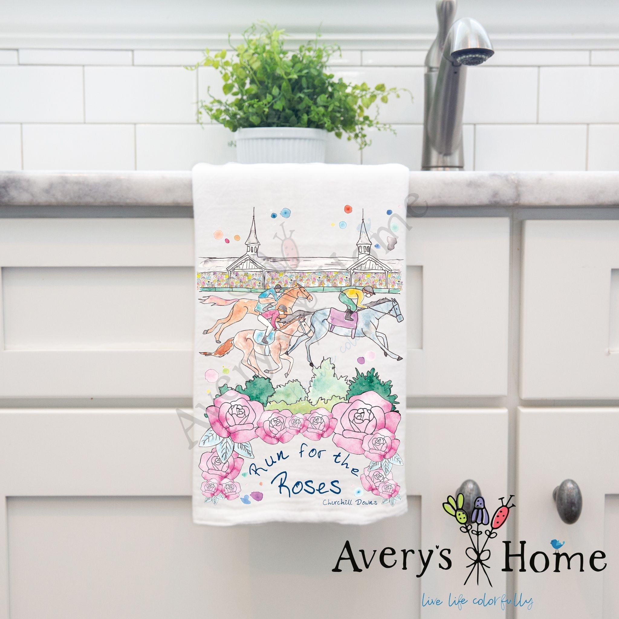 Kentucky Derby At Churchill Downs dish towel hanging by kitchen sink
