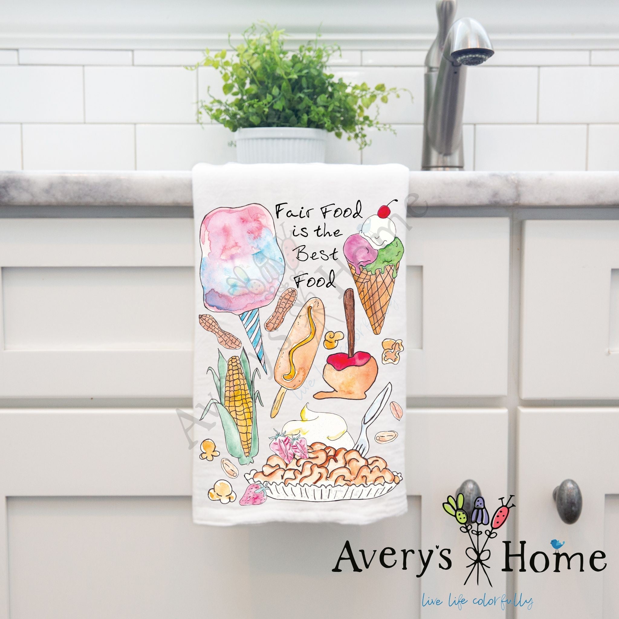 Fair Food is the Best Food dish towel hanging by kitchen sink