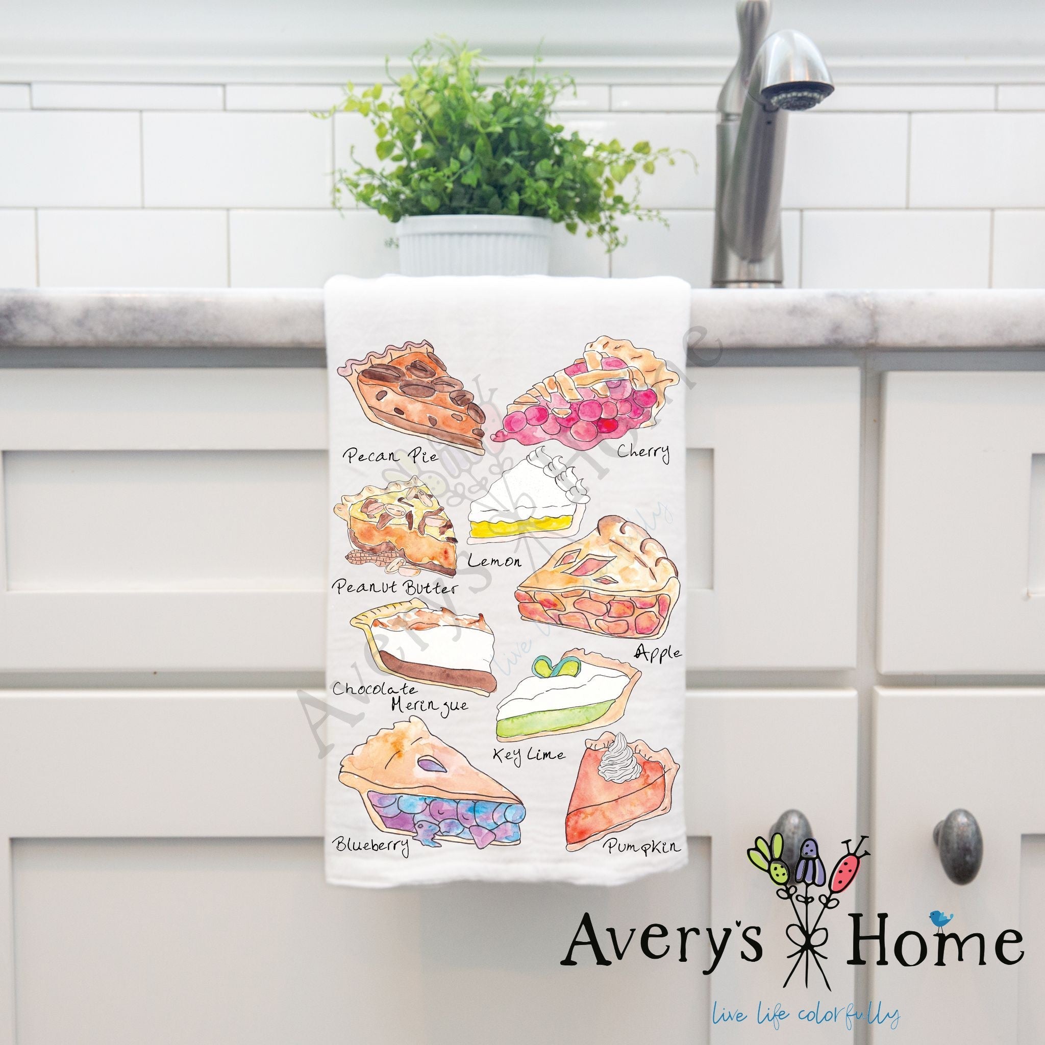 Favorite Pies dish towel hanging by kitchen sink