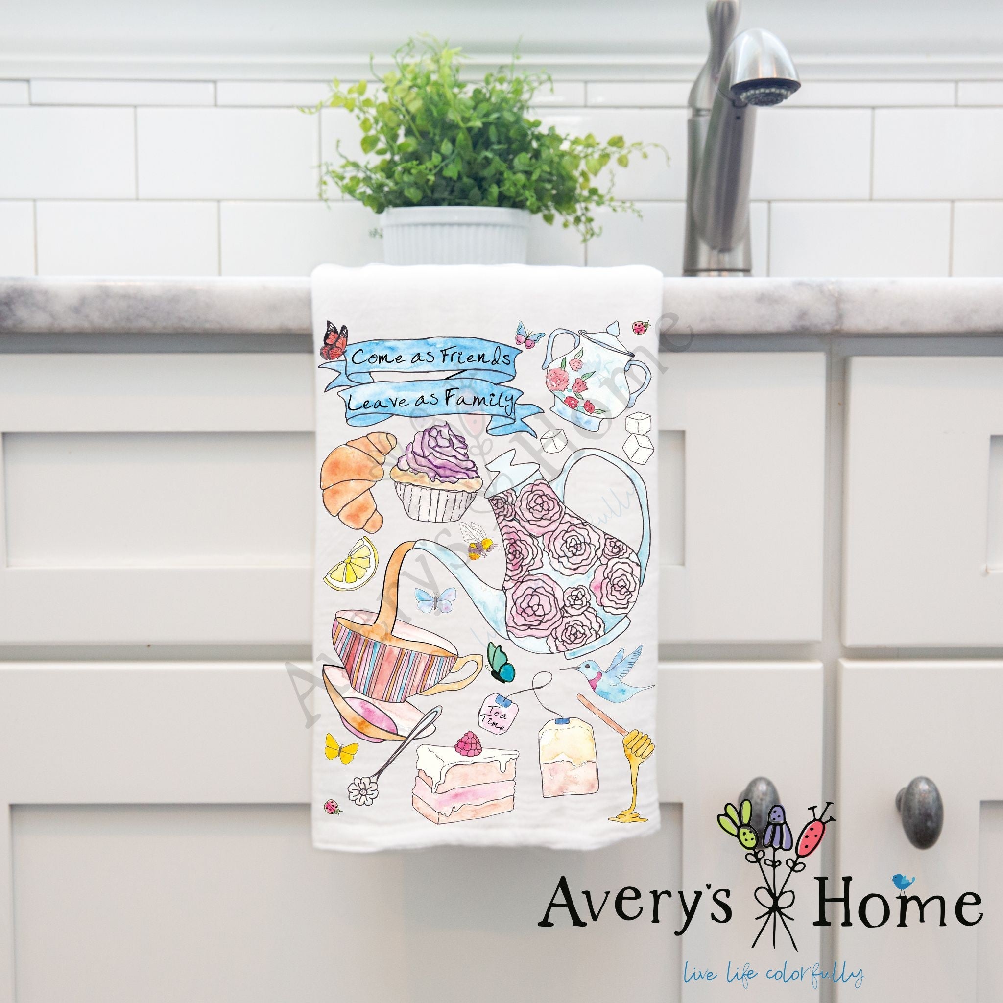 Come As Friends dish towel hanging by kitchen sink