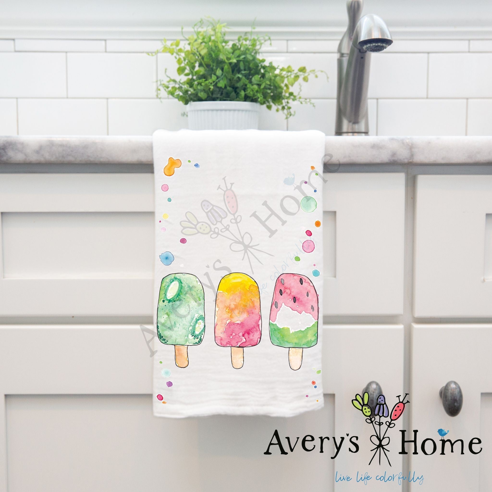 Summer Fruit Popsicles dish towel design detail