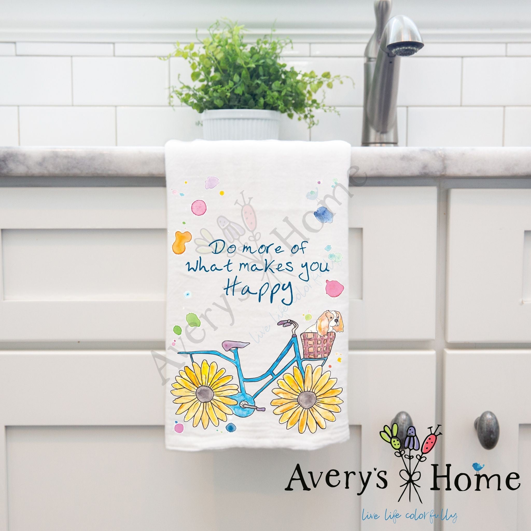 Happy Flower Bicycle dish towel hanging by kitchen sink
