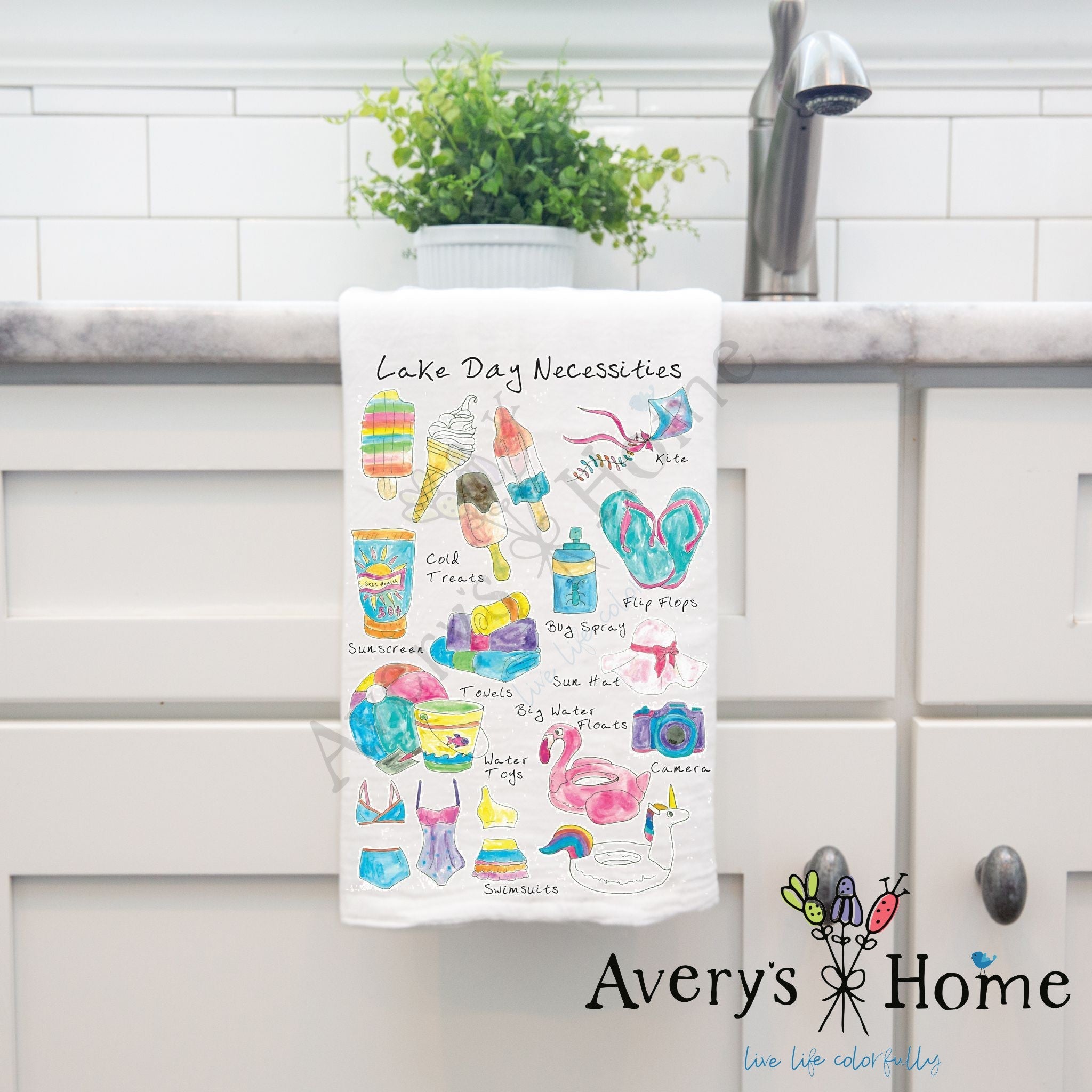 Lake Day Necessities dish towel, 27x27 flour sack cotton