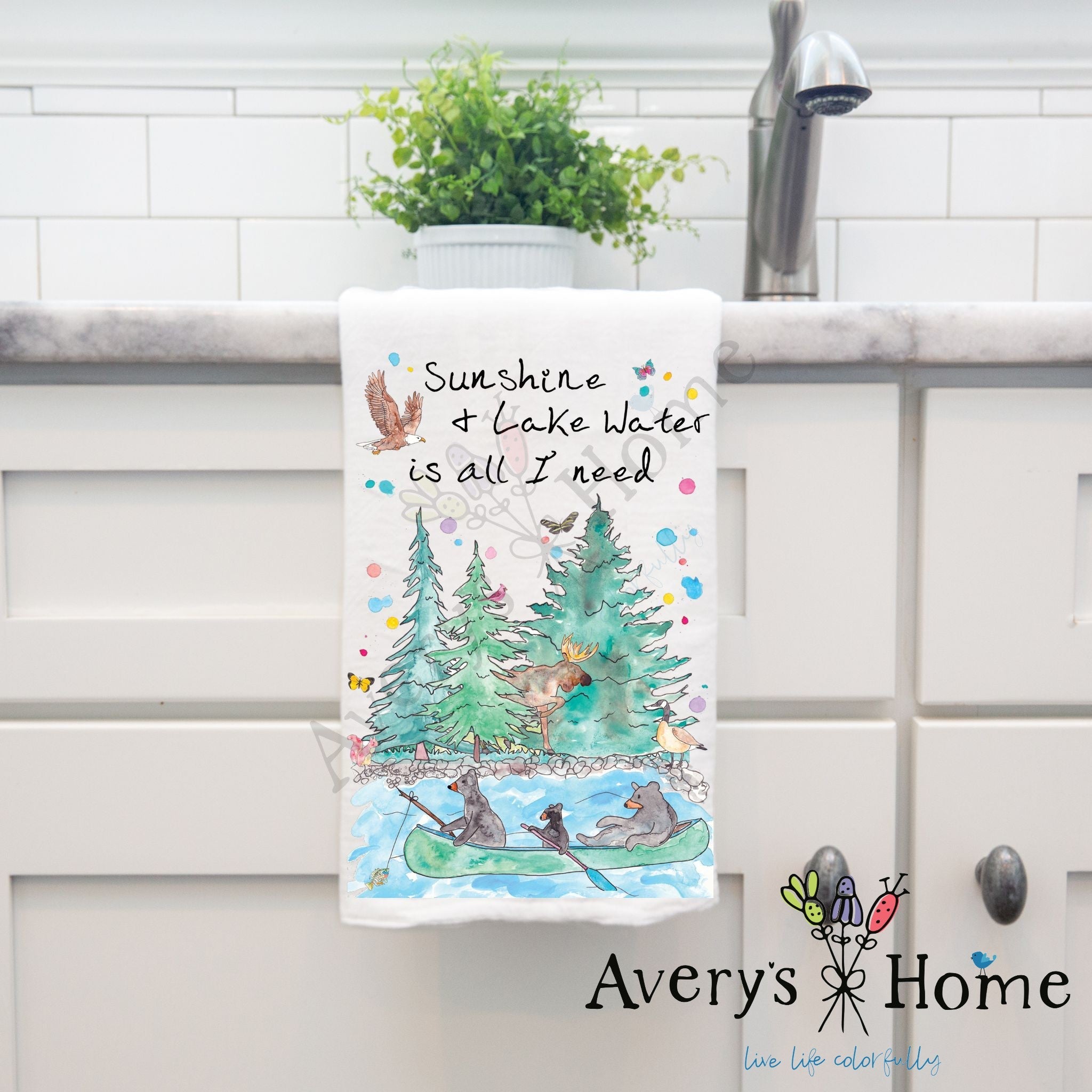 Sunshine and Lake Water dish towel, 27x27 flour sack cotton