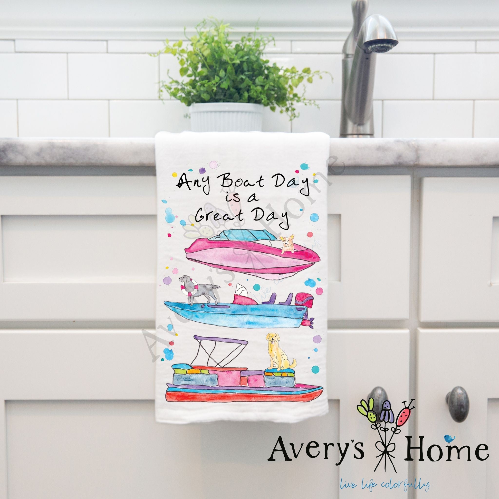 Any Boat Day dish towel hanging in the kitchen