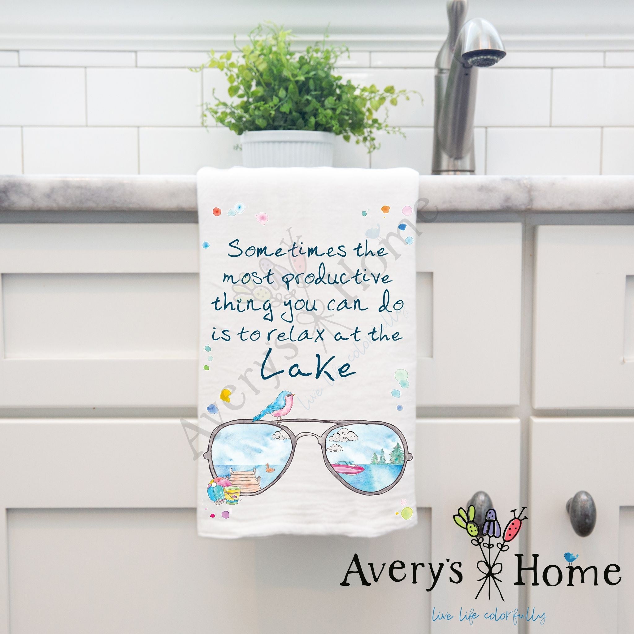 Sunglasses Relax at the Lake dish towel, 27x27 flour sack cotton
