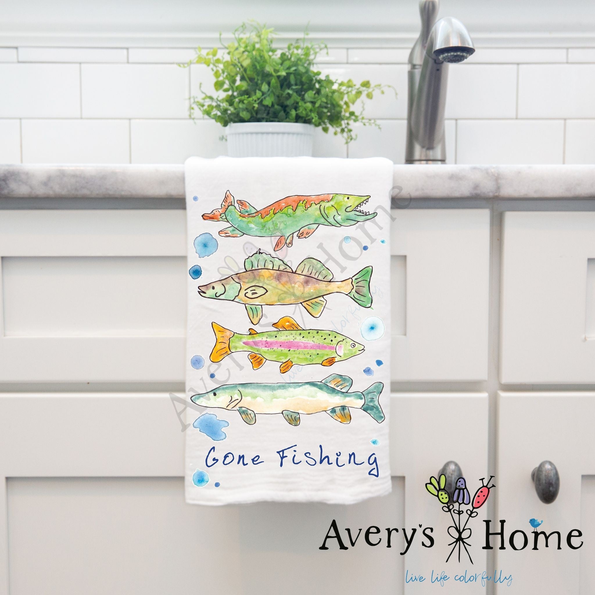 Gone Fishing dish towel design detail