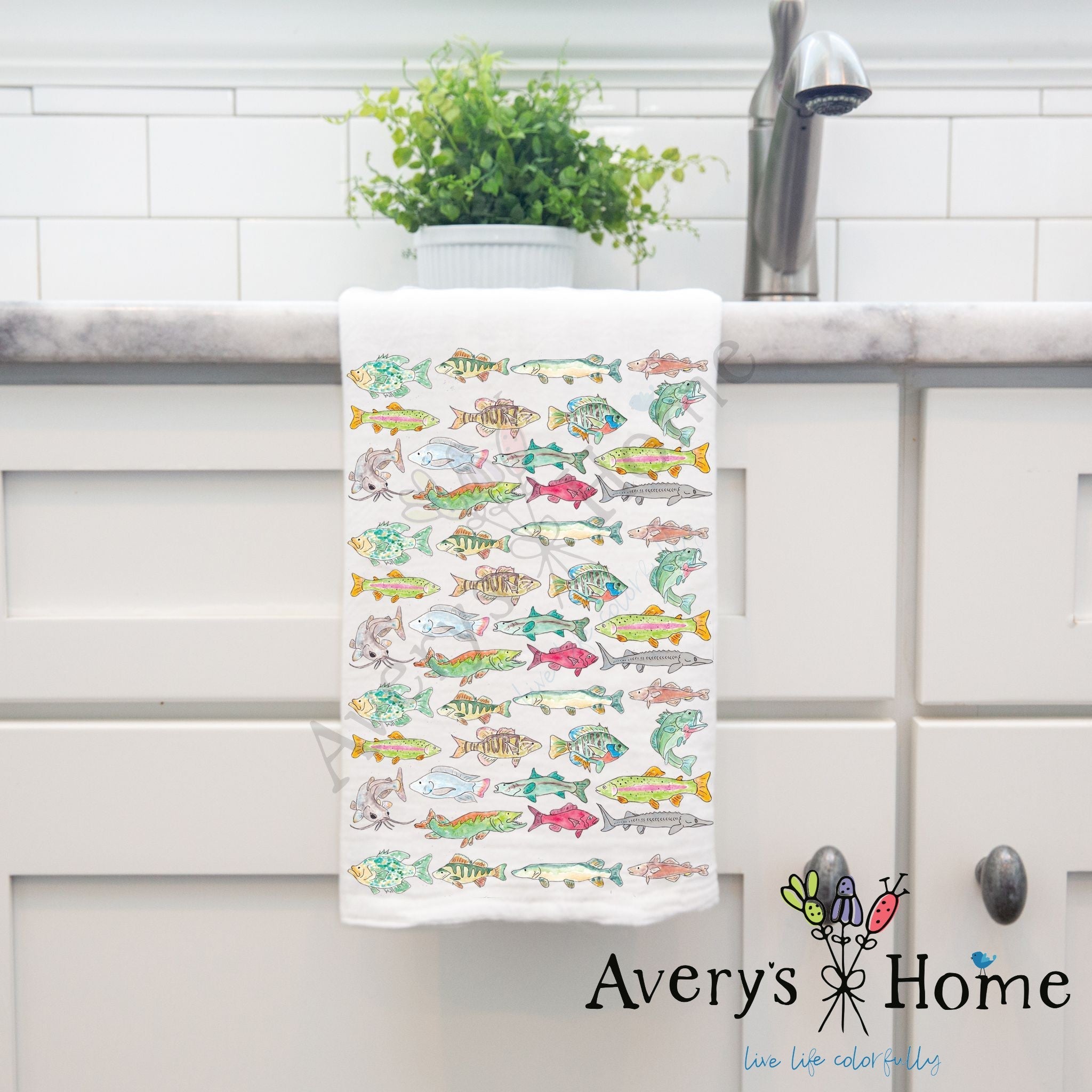 Lake Fish Pattern dish towel design detail