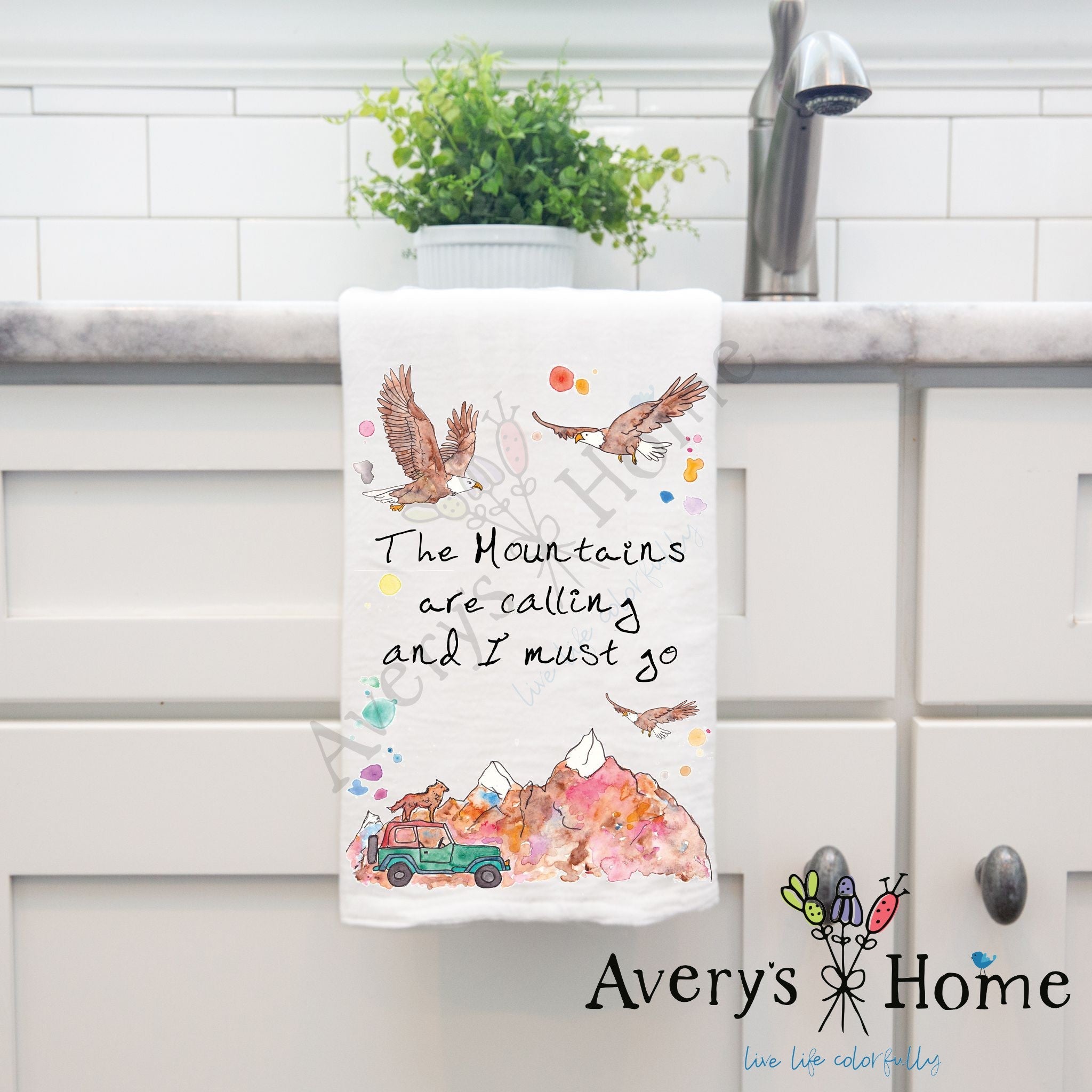 Mountains are Calling dish towel, 27x27 flour sack cotton