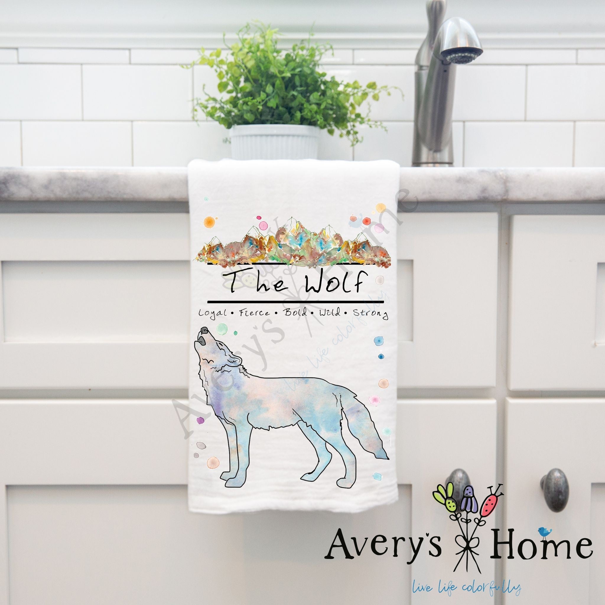 Mountain Wolf dish towel, 27x27 flour sack cotton