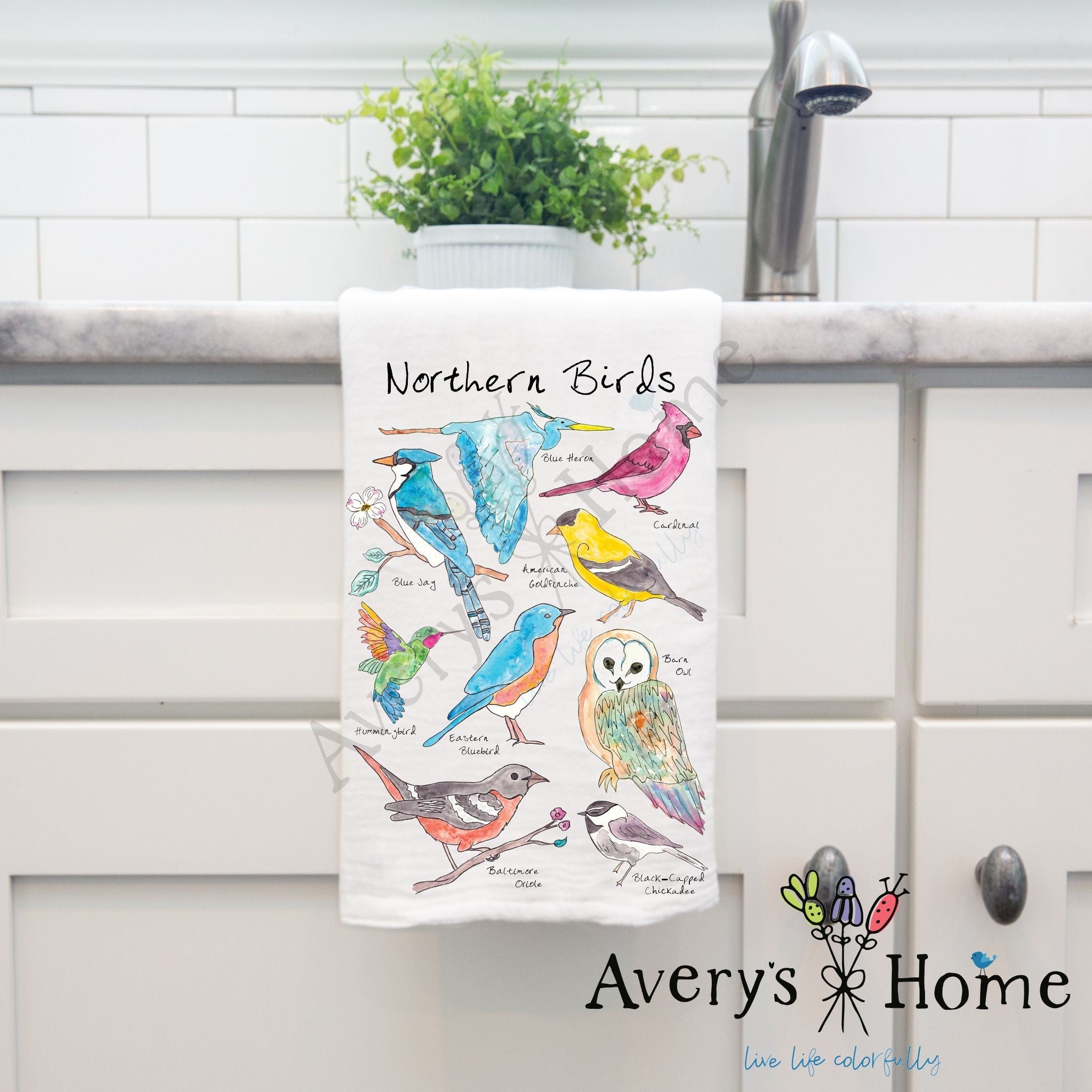 Northern Bird Watching dish towel design detail