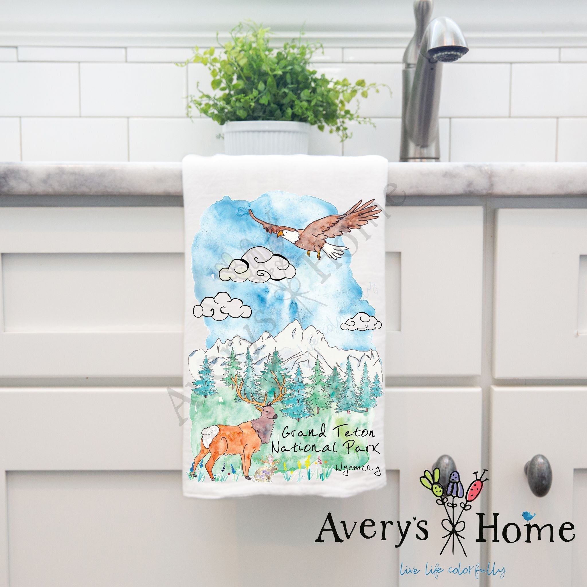 Grand Teton National Park Wyoming dish towel hanging by kitchen sink