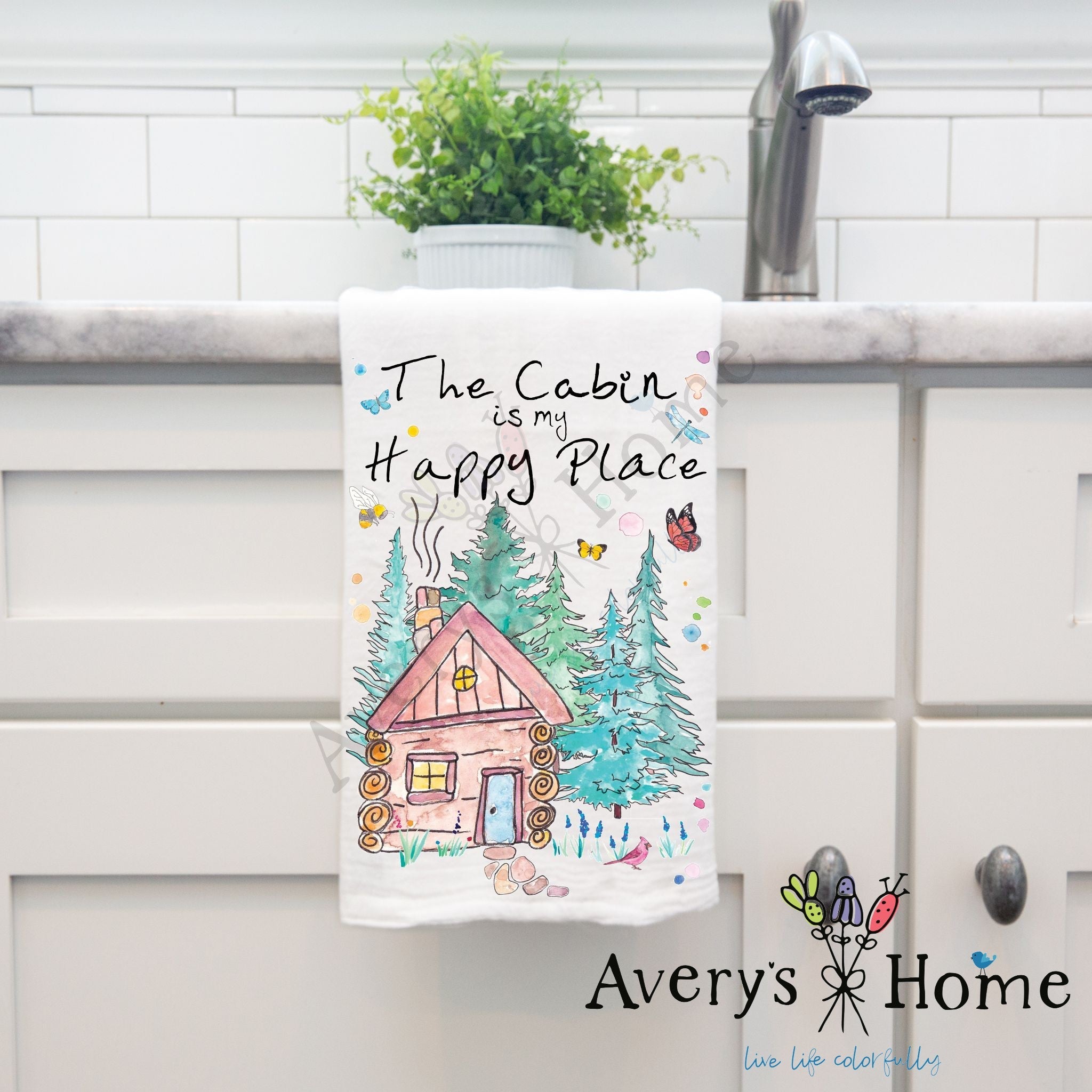 The Cabin is My Happy Place dish towel design detail