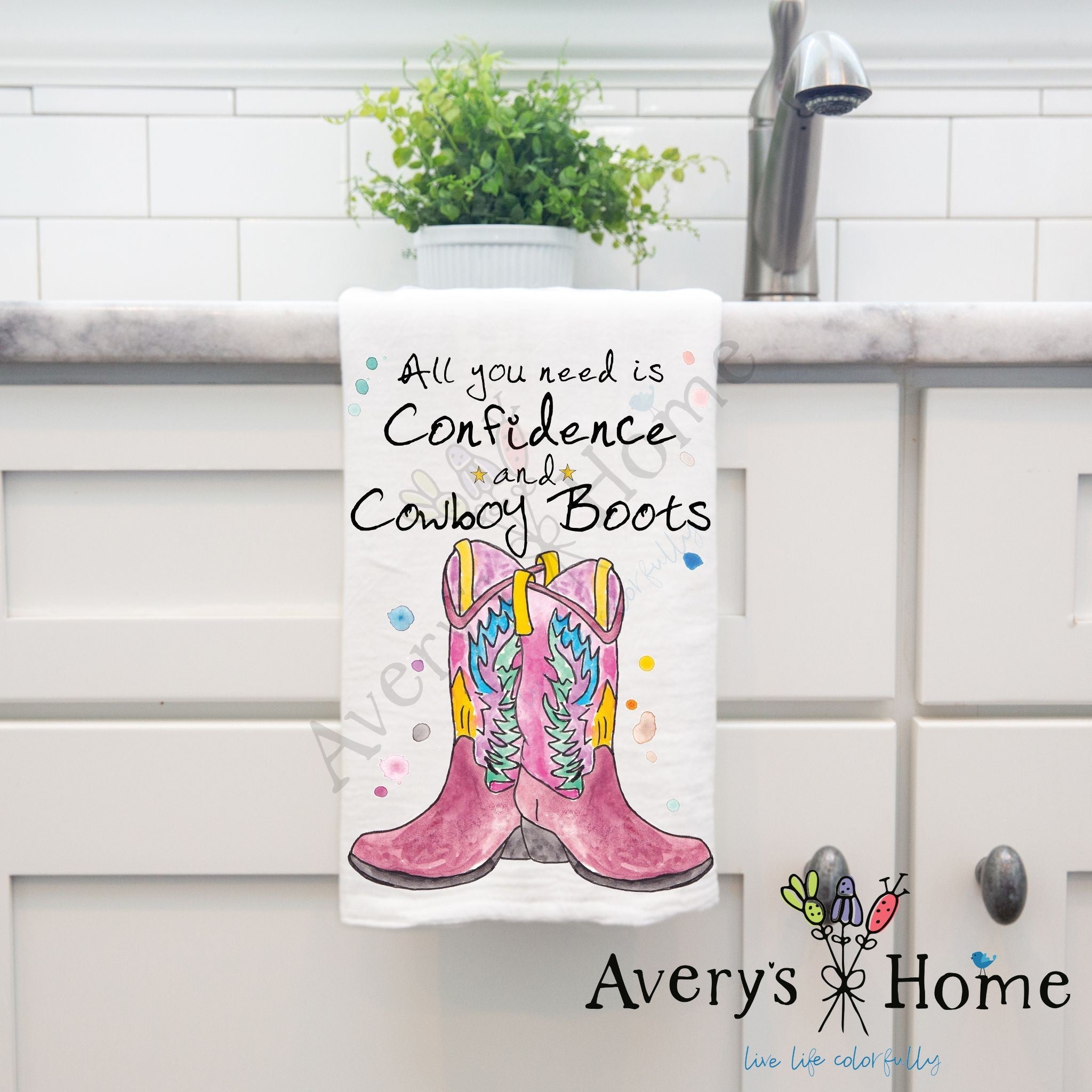 Cowboy Boots and Confidence dish towel hanging in the kitchen