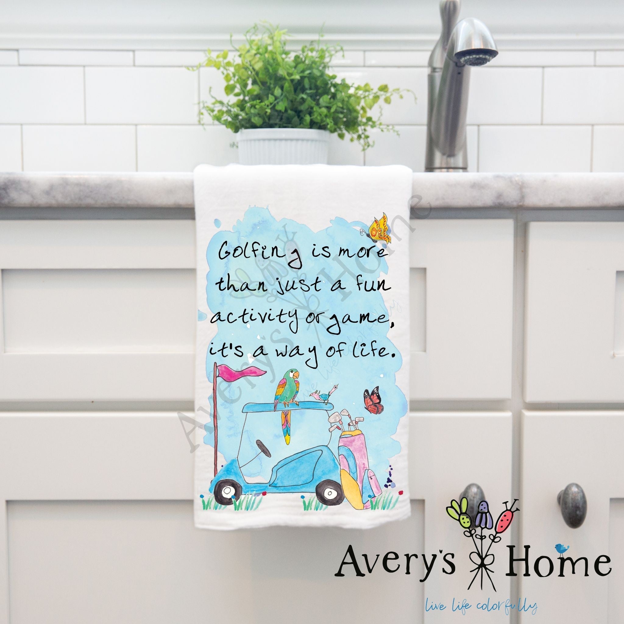 Golfing is a Lifestyle dish towel hanging by kitchen sink