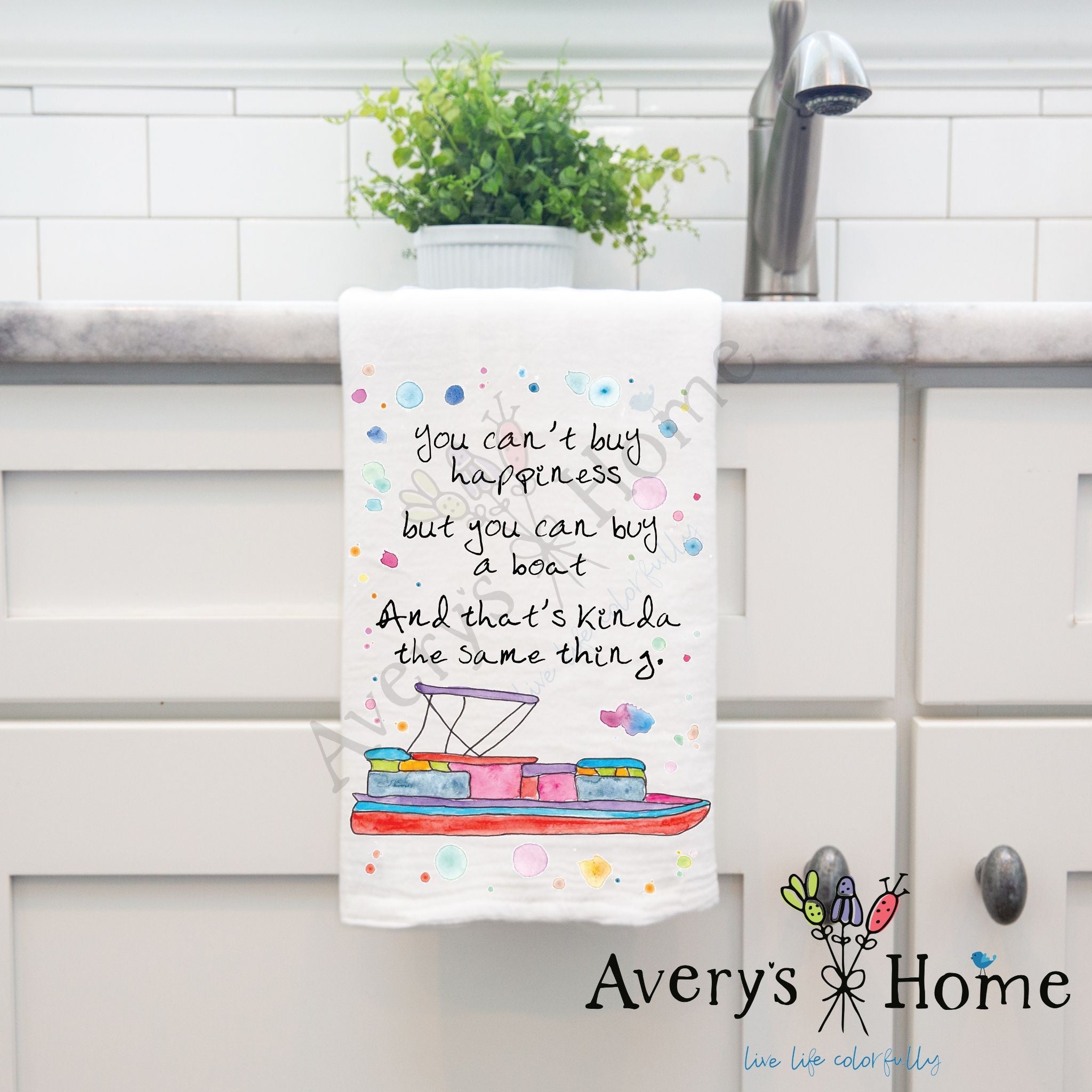 Buy a Boat dish towel hanging in the kitchen