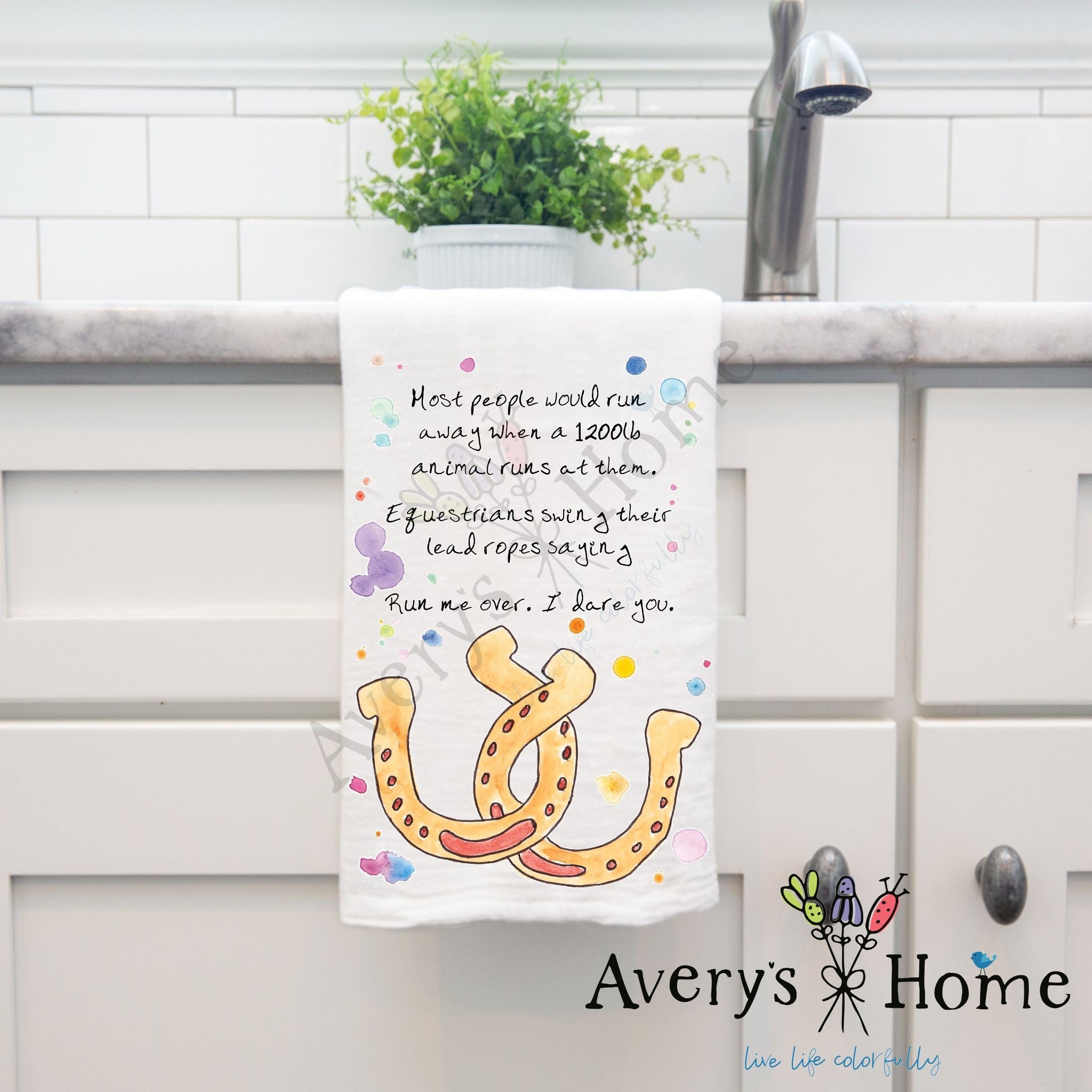 Horseshoes Equestrian dish towel hanging by kitchen sink