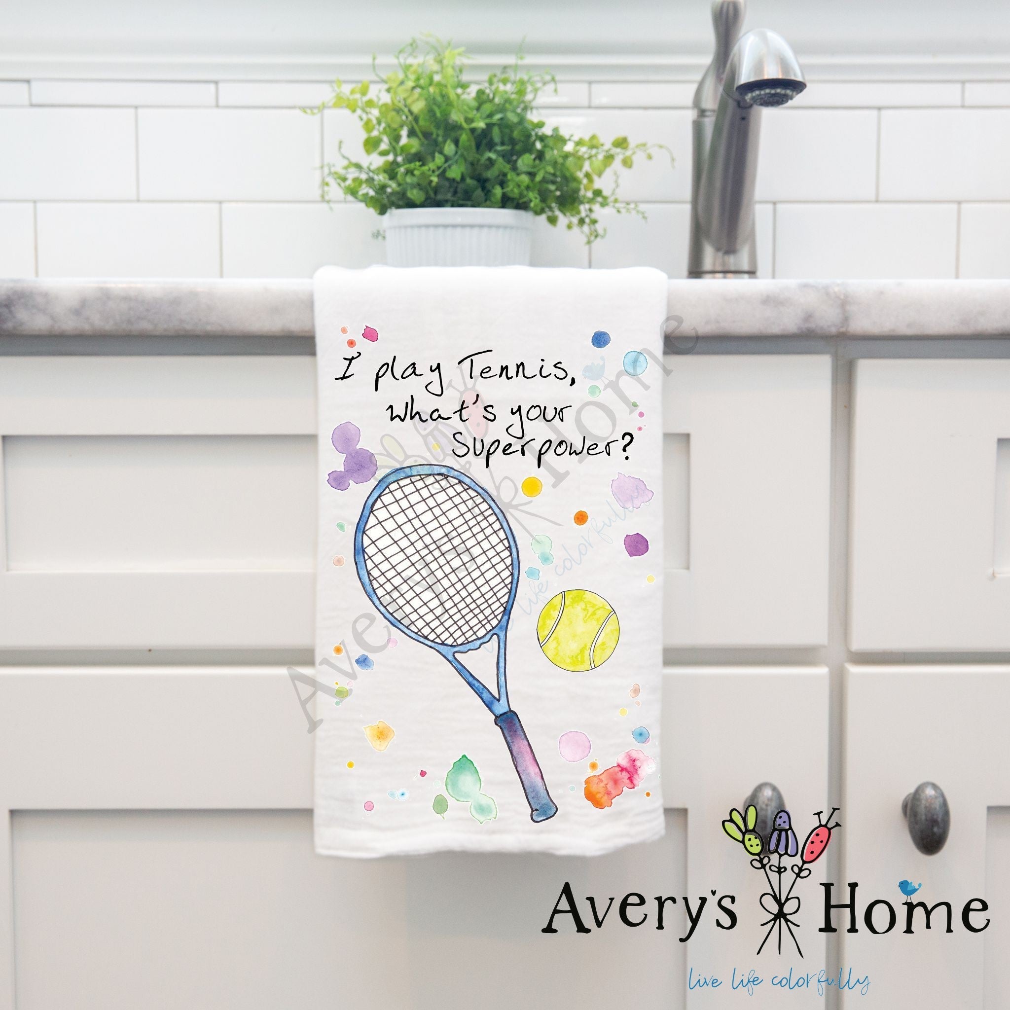 I Play Tennis dish towel hanging by kitchen sink