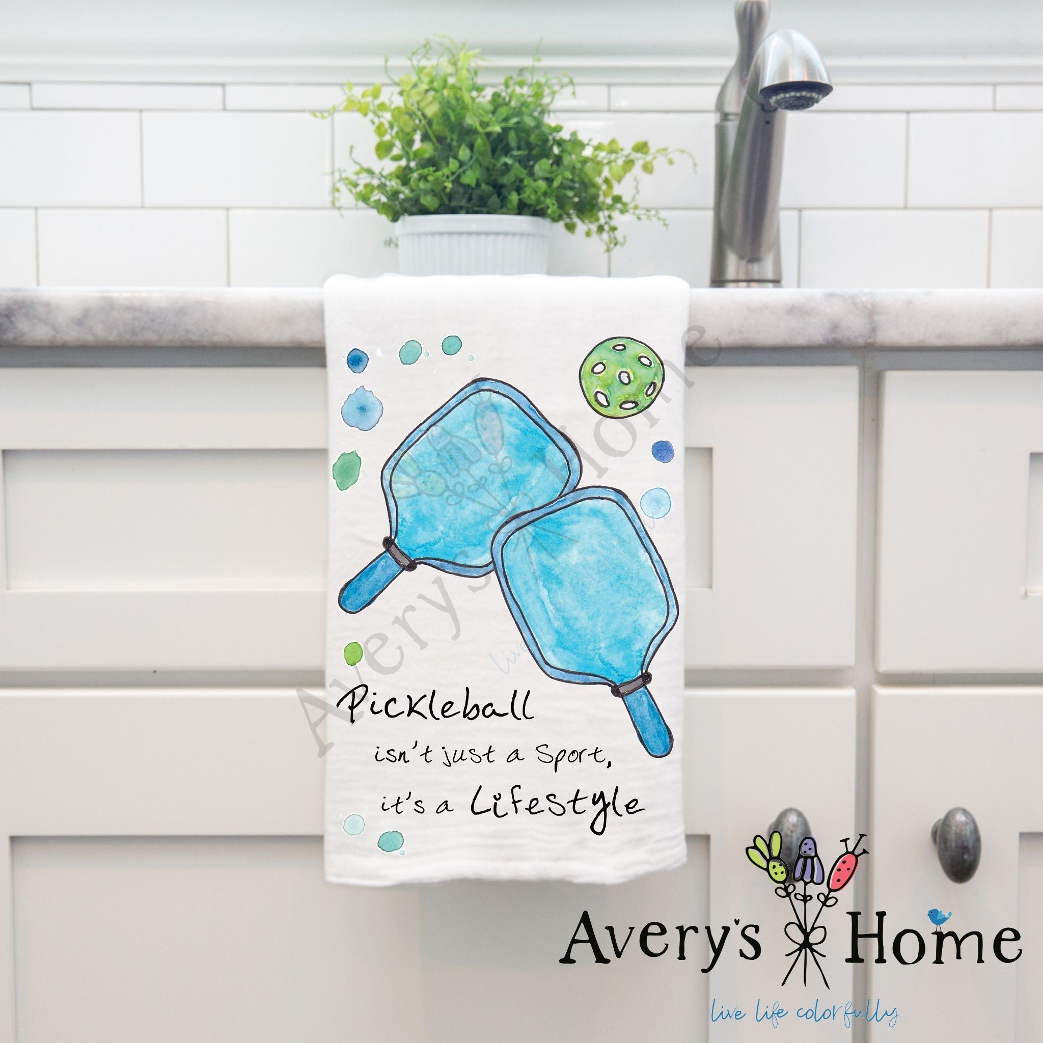 Pickleball Lifestyle dish towel hanging in the kitchen