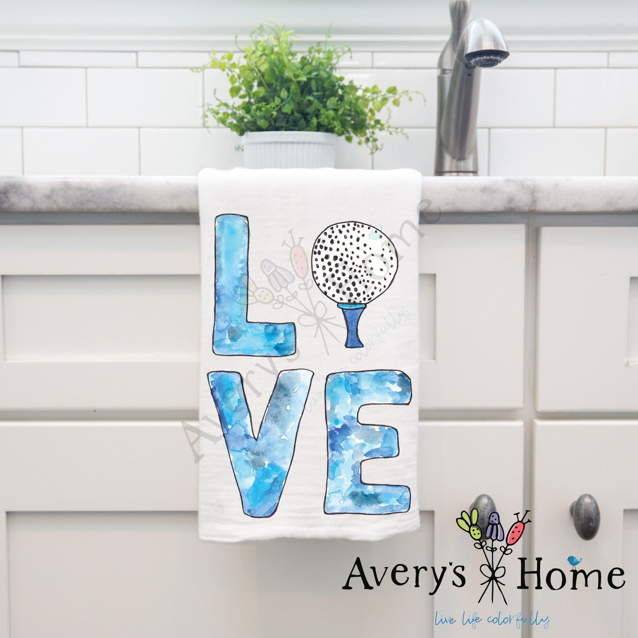 Golf LOVE dish towel hanging by kitchen sink