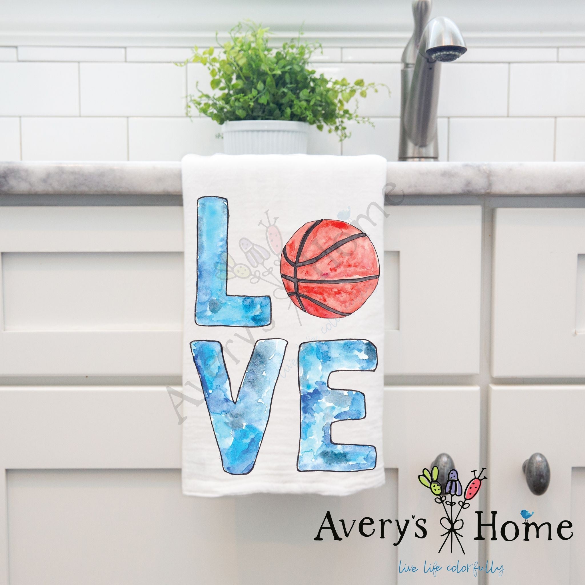 Basketball LOVE dish towel hanging by kitchen sink