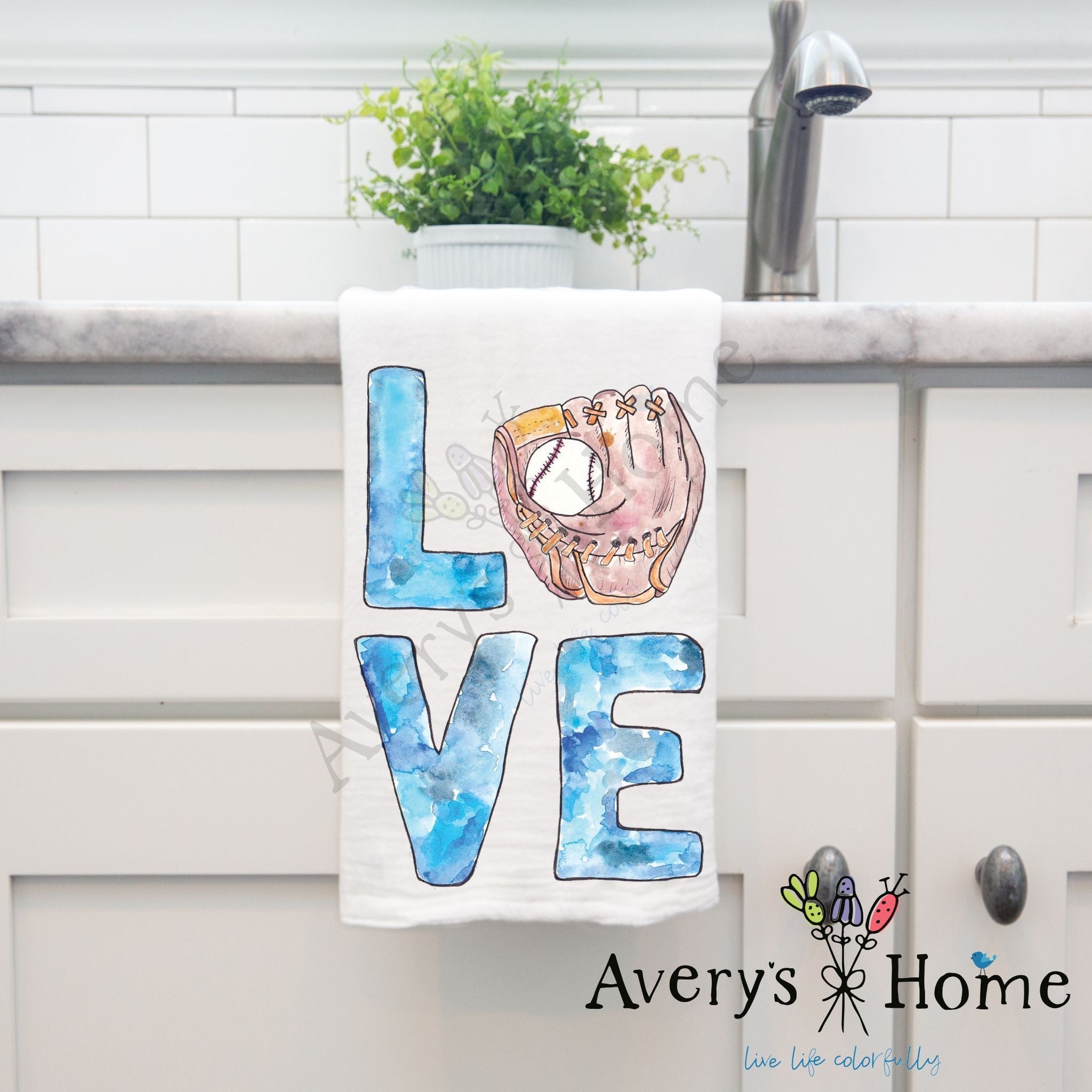 Baseball LOVE dish towel hanging by kitchen sink