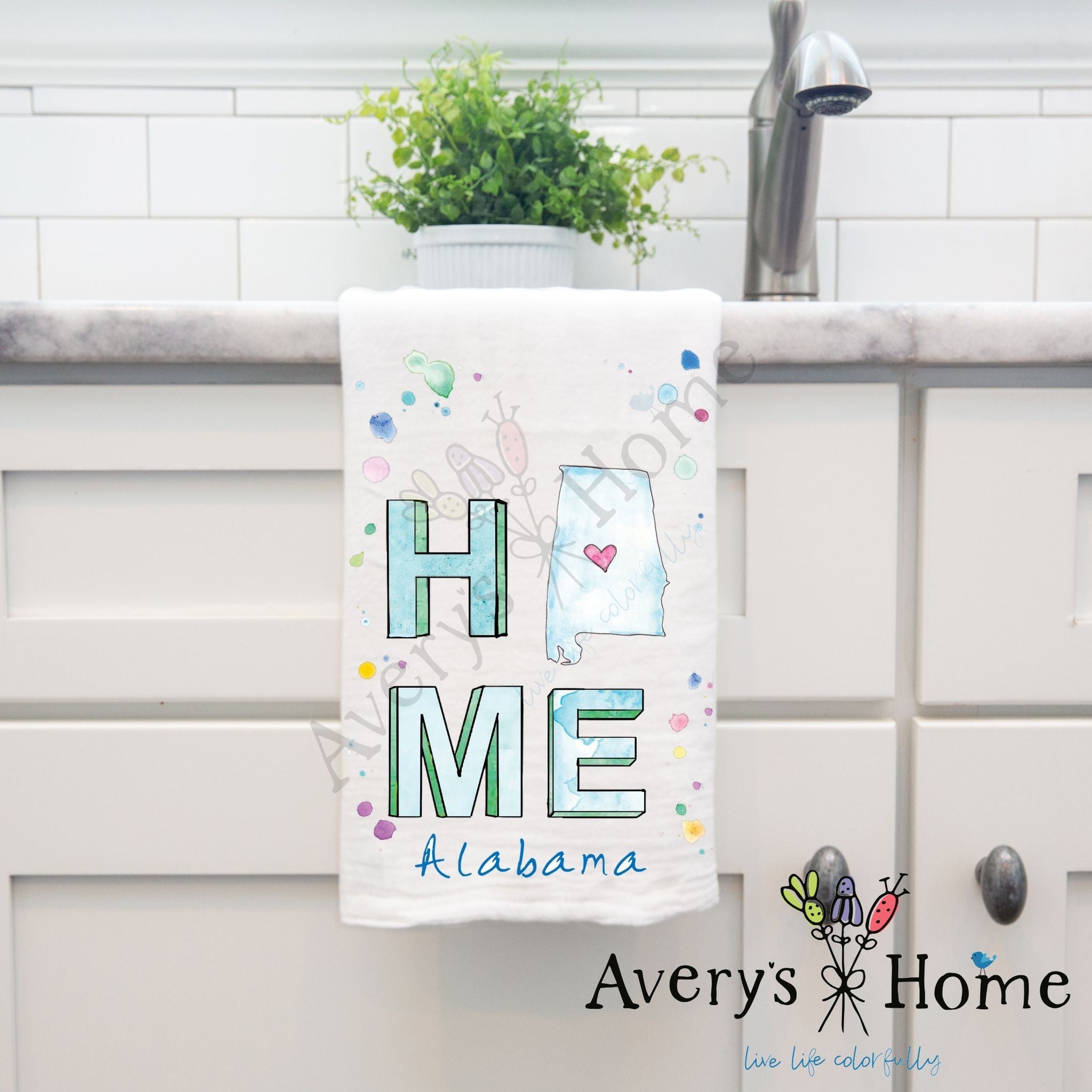 HOME in Alabama dish towel hanging by kitchen sink