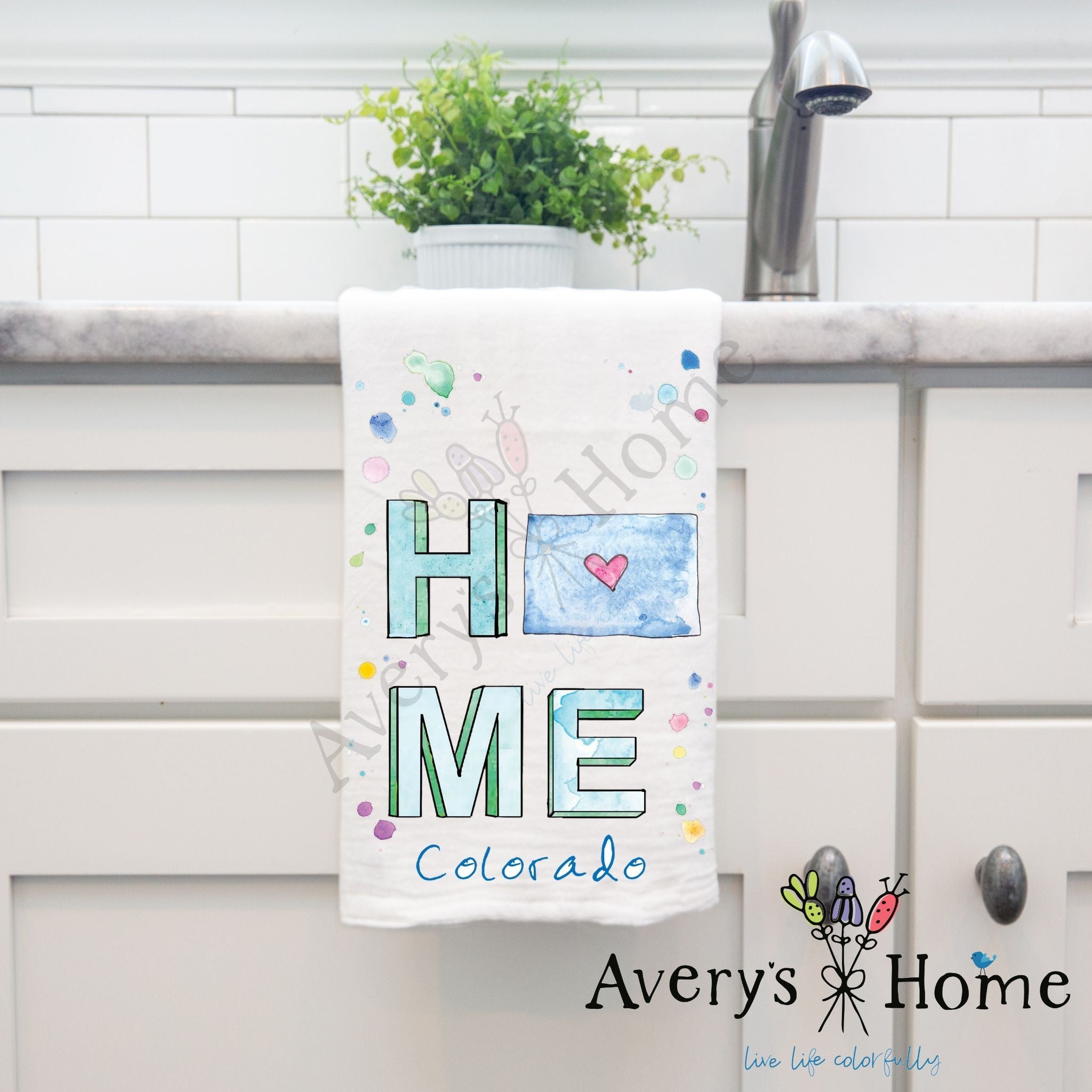 HOME in Colorado dish towel hanging by kitchen sink