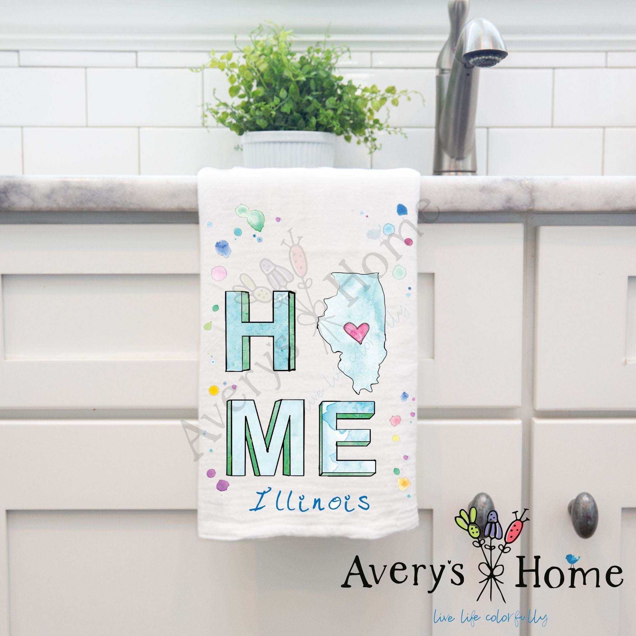 HOME in Illinois dish towel hanging by kitchen sink