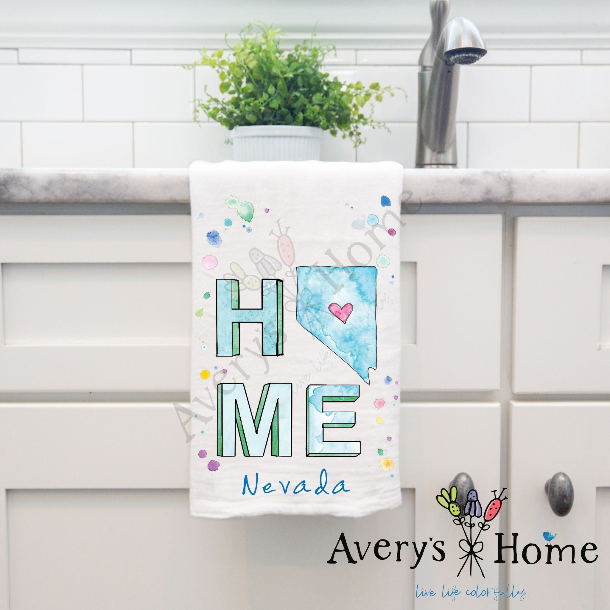 HOME in Nevada dish towel hanging by kitchen sink