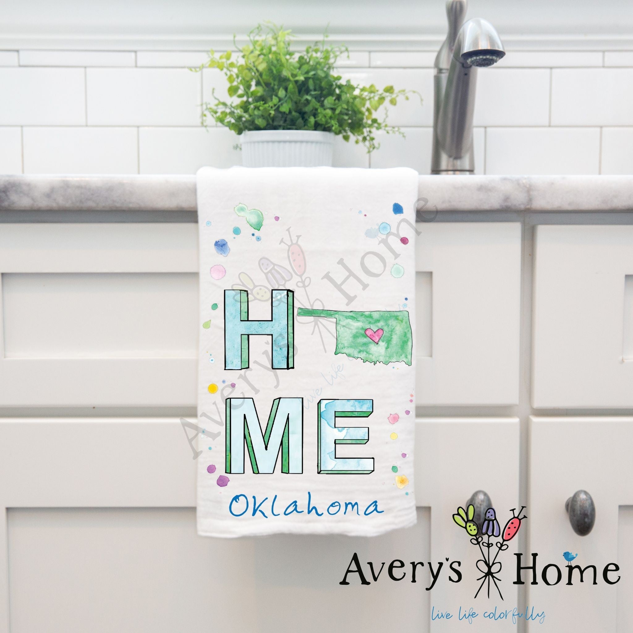 HOME in Oklahoma dish towel hanging by kitchen sink