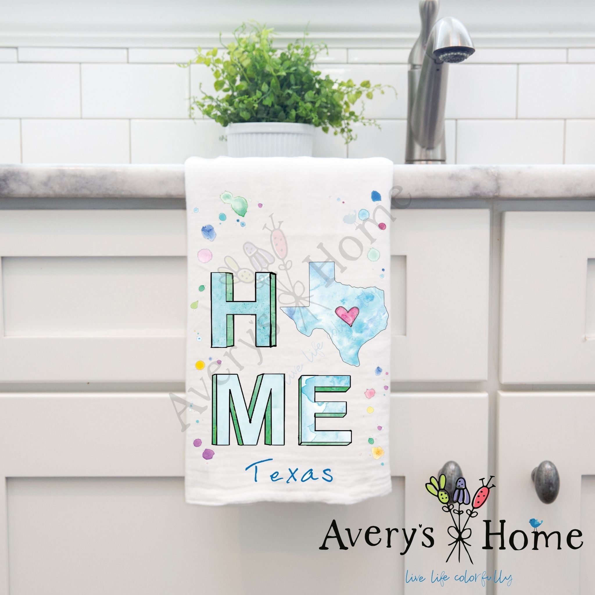 HOME in Texas dish towel hanging by kitchen sink