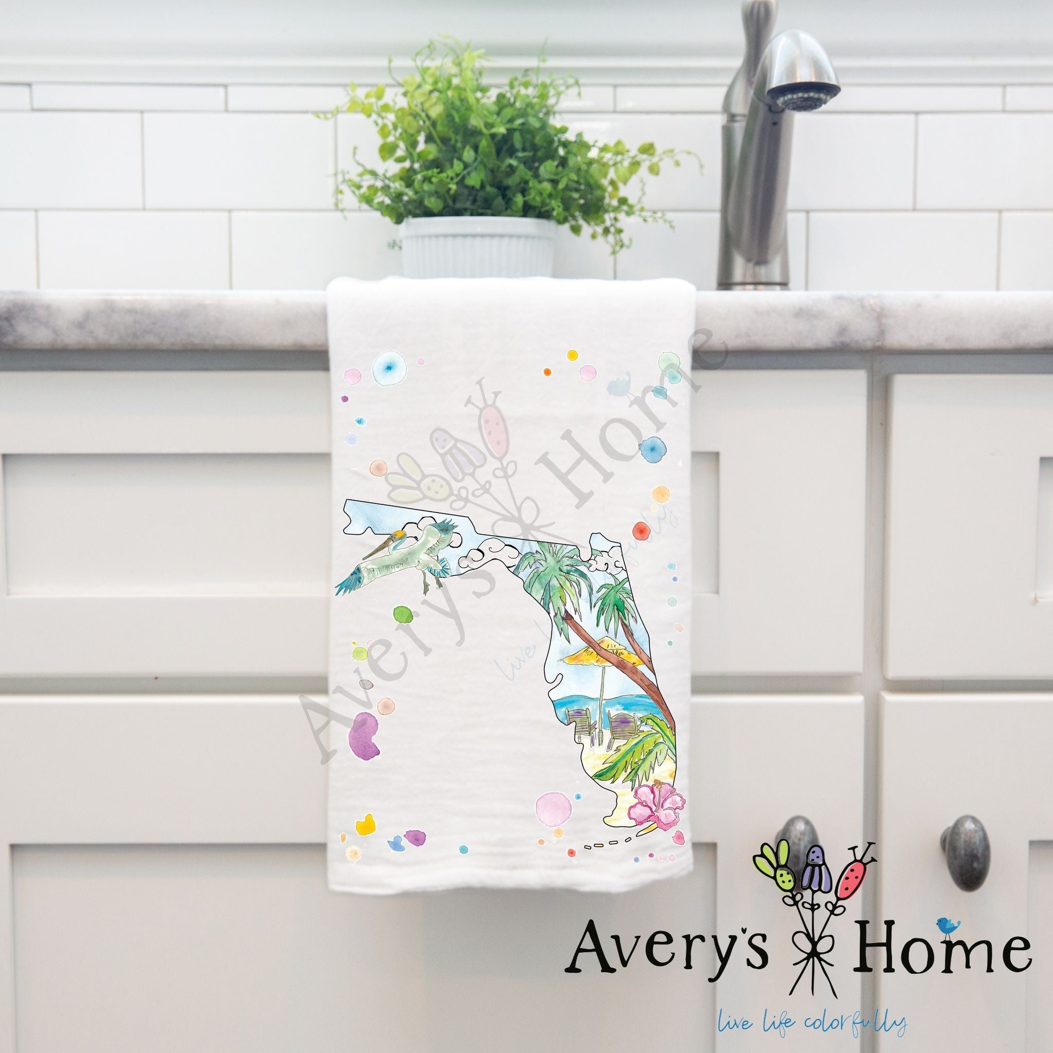 Florida State Design dish towel hanging by kitchen sink