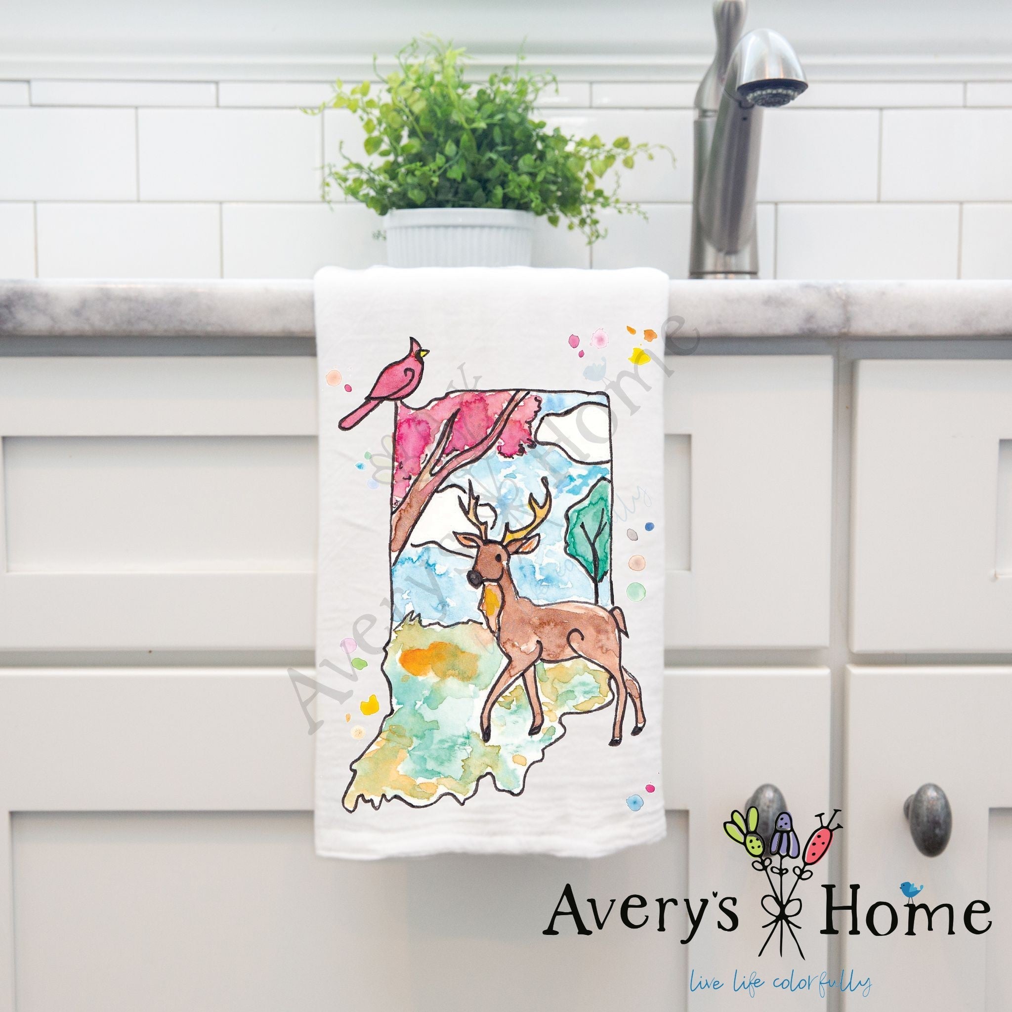 Indiana State Design dish towel hanging by kitchen sink