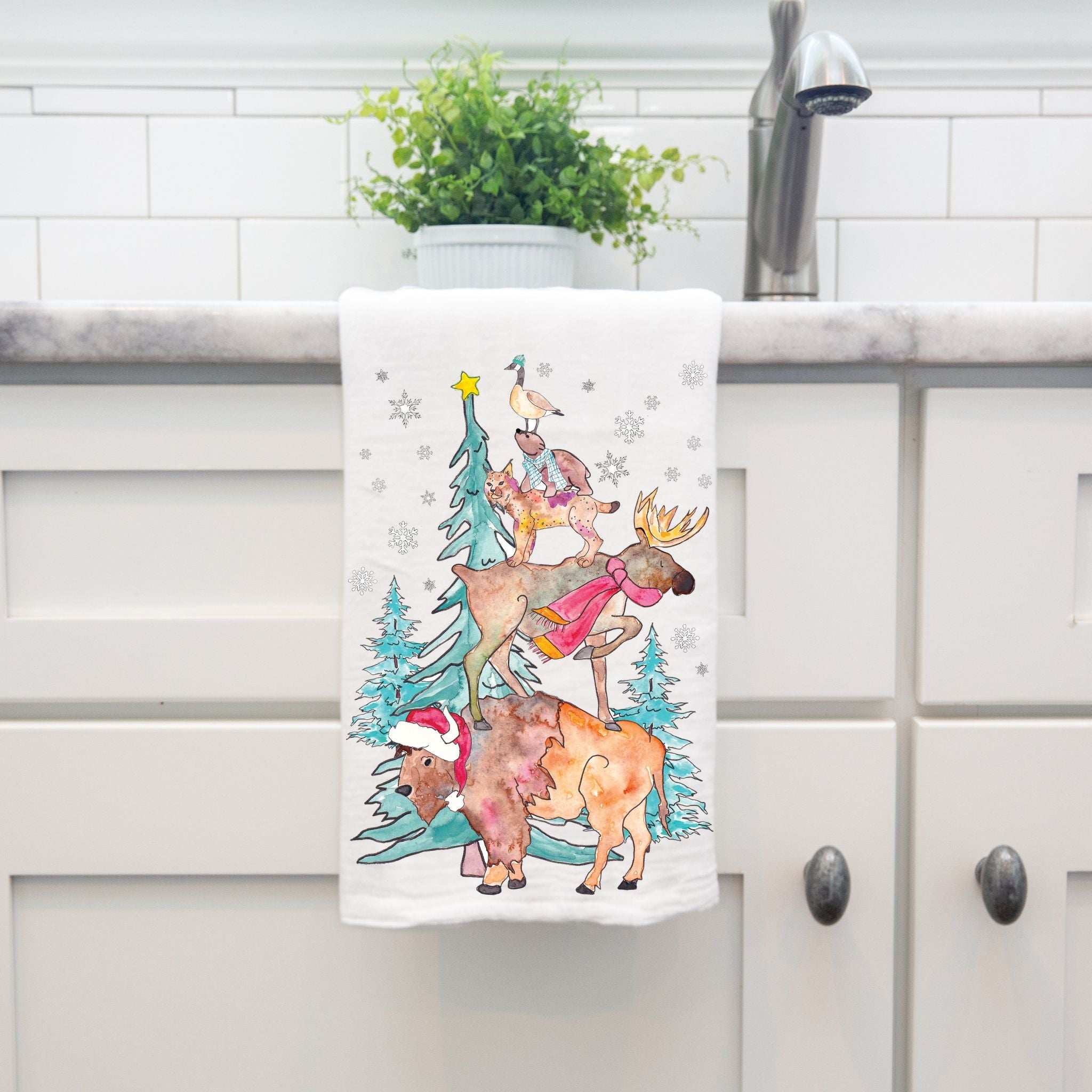 Woodland Animals Christmas Tree dish towel, 27x27 flour sack cotton