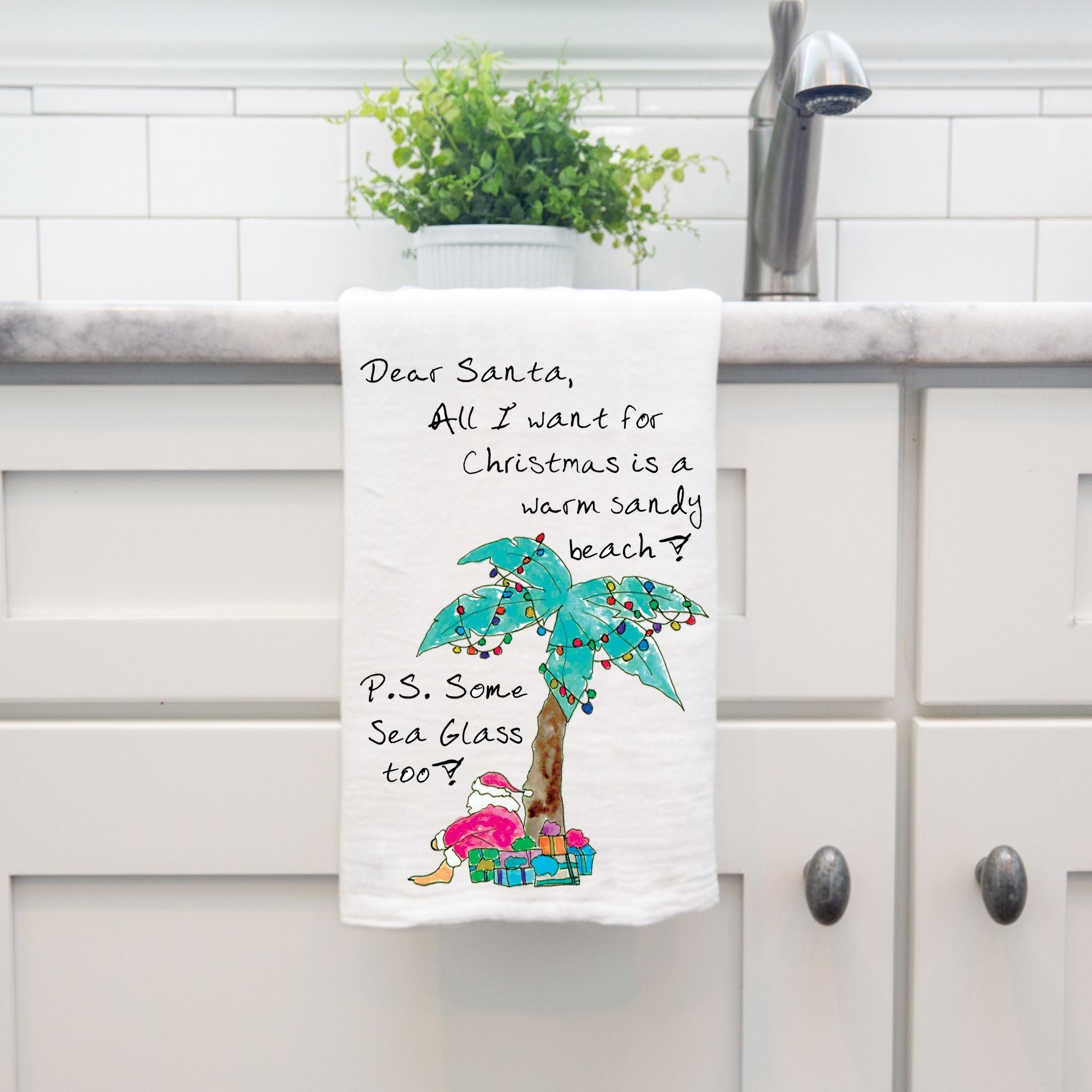 Dear Santa Coastal Christmas dish towel hanging by kitchen sink