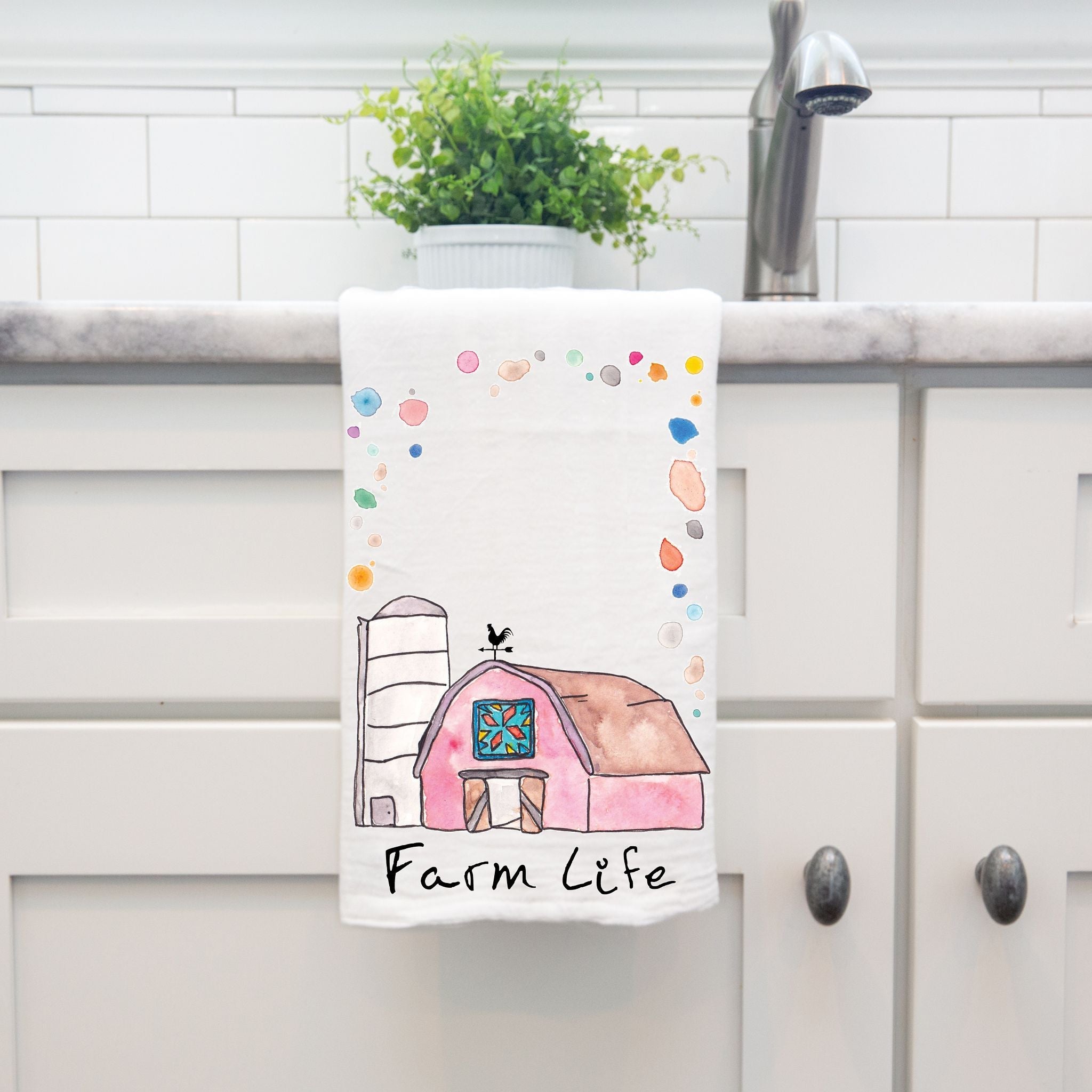 Farm Life dish towel hanging by kitchen sink