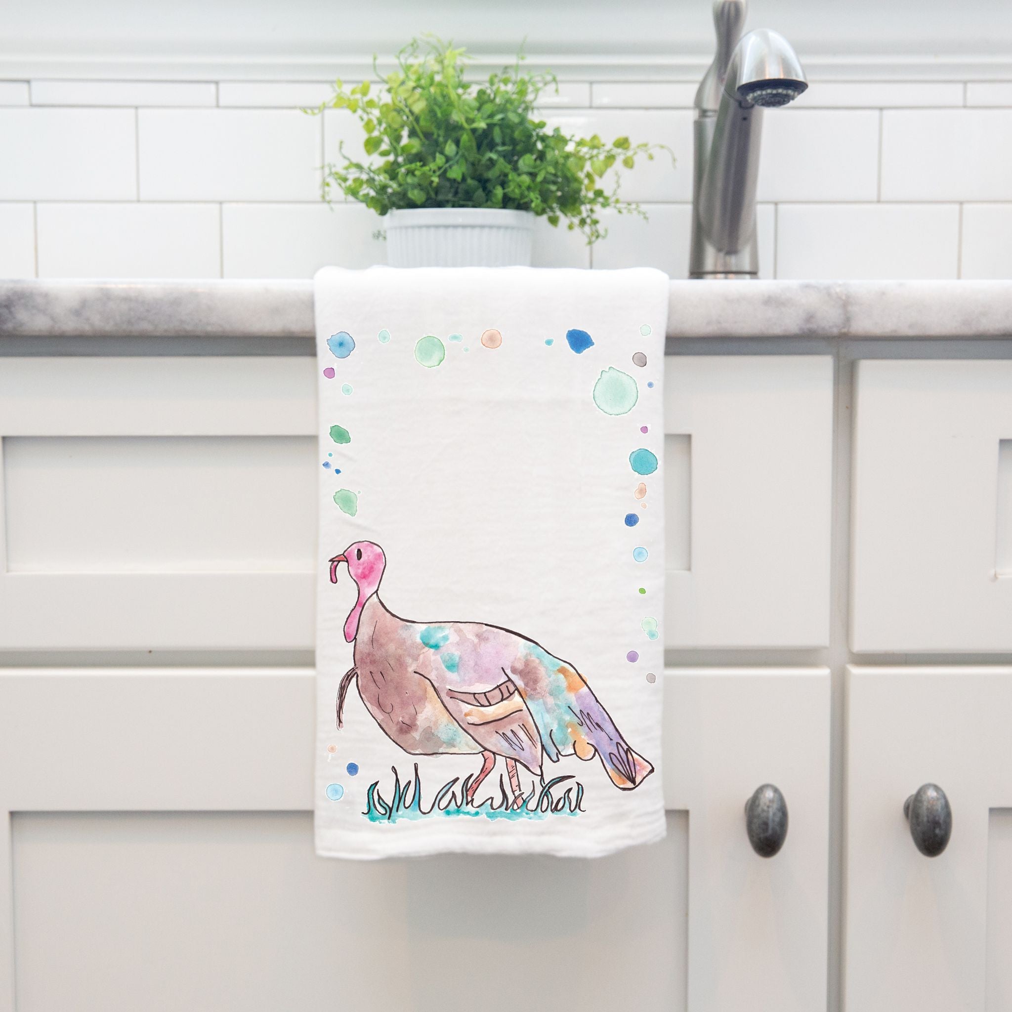 Turkey dish towel hanging in the kitchen