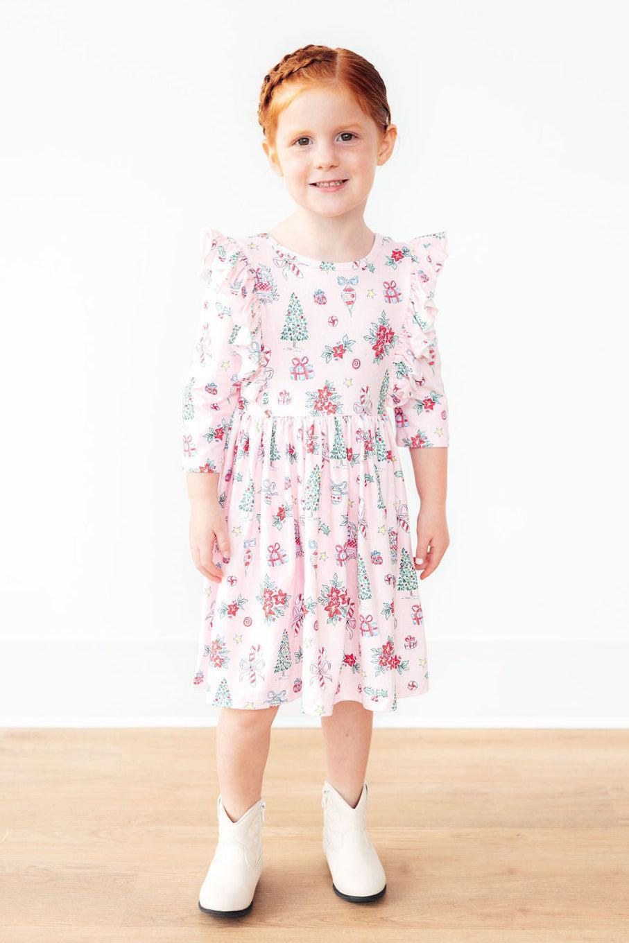 Pink Christmas 3/4 Sleeve Ruffle Twirl Dress
