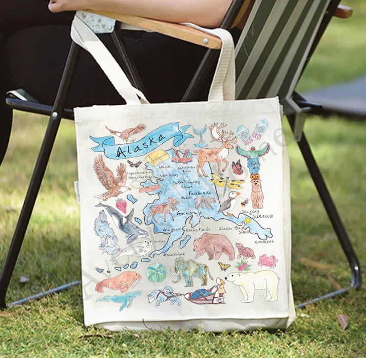 Alaska State Map cotton tote bag, art by Avery Jackson