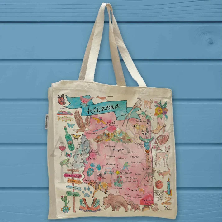 Arizona State Map cotton tote bag, art by Avery Jackson